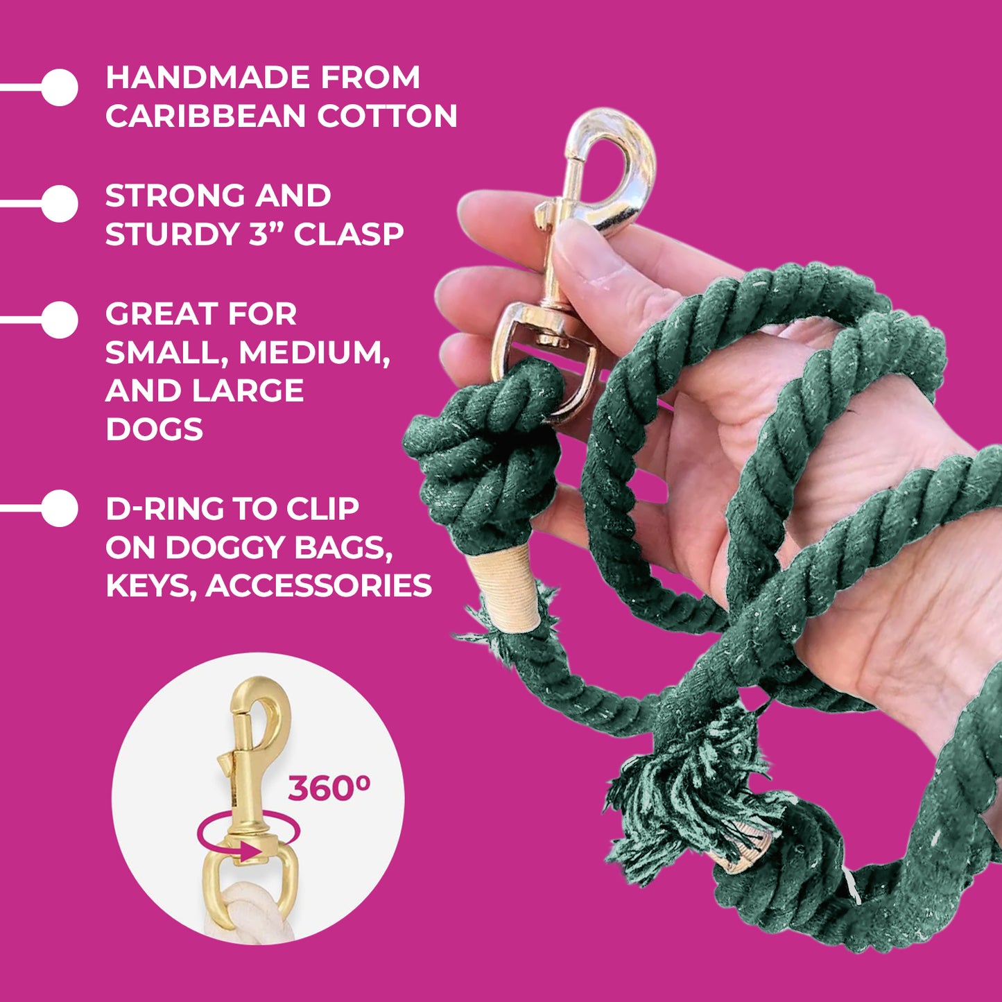 Dark Green Boho Chic Rope Leash - Glow Pups