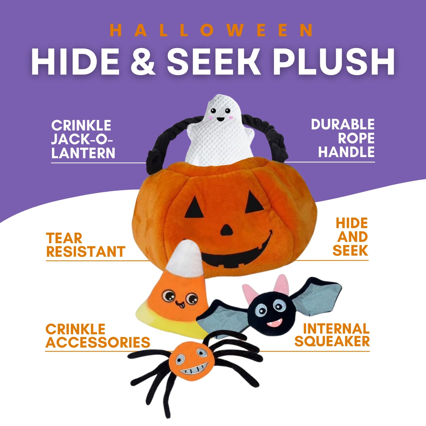 Halloween Jack O Lantern Hide and Seek Dog Toy that Squeaks and Crinkles - Glow Pups