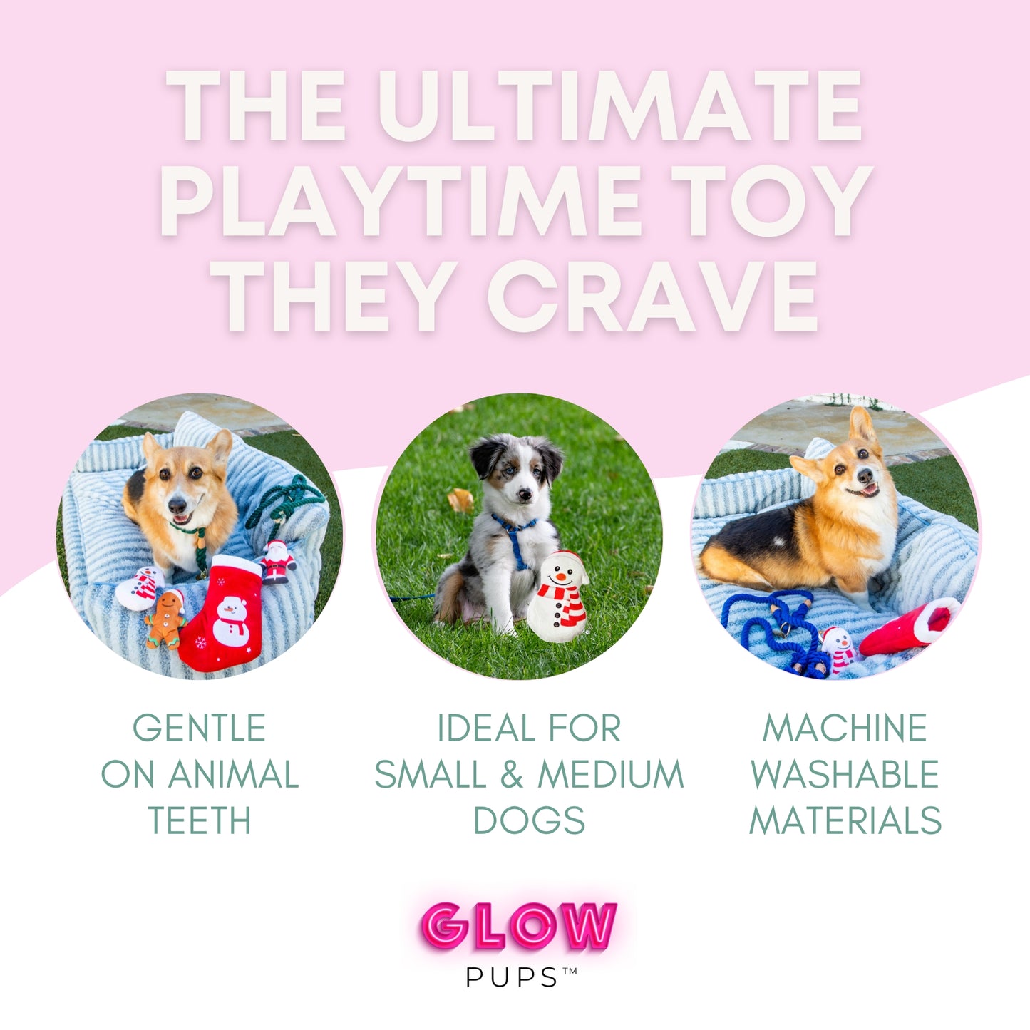 Christmas Stocking Dog Toy with Santa, Snowman and Gingerbread Man toys - Glow Pups