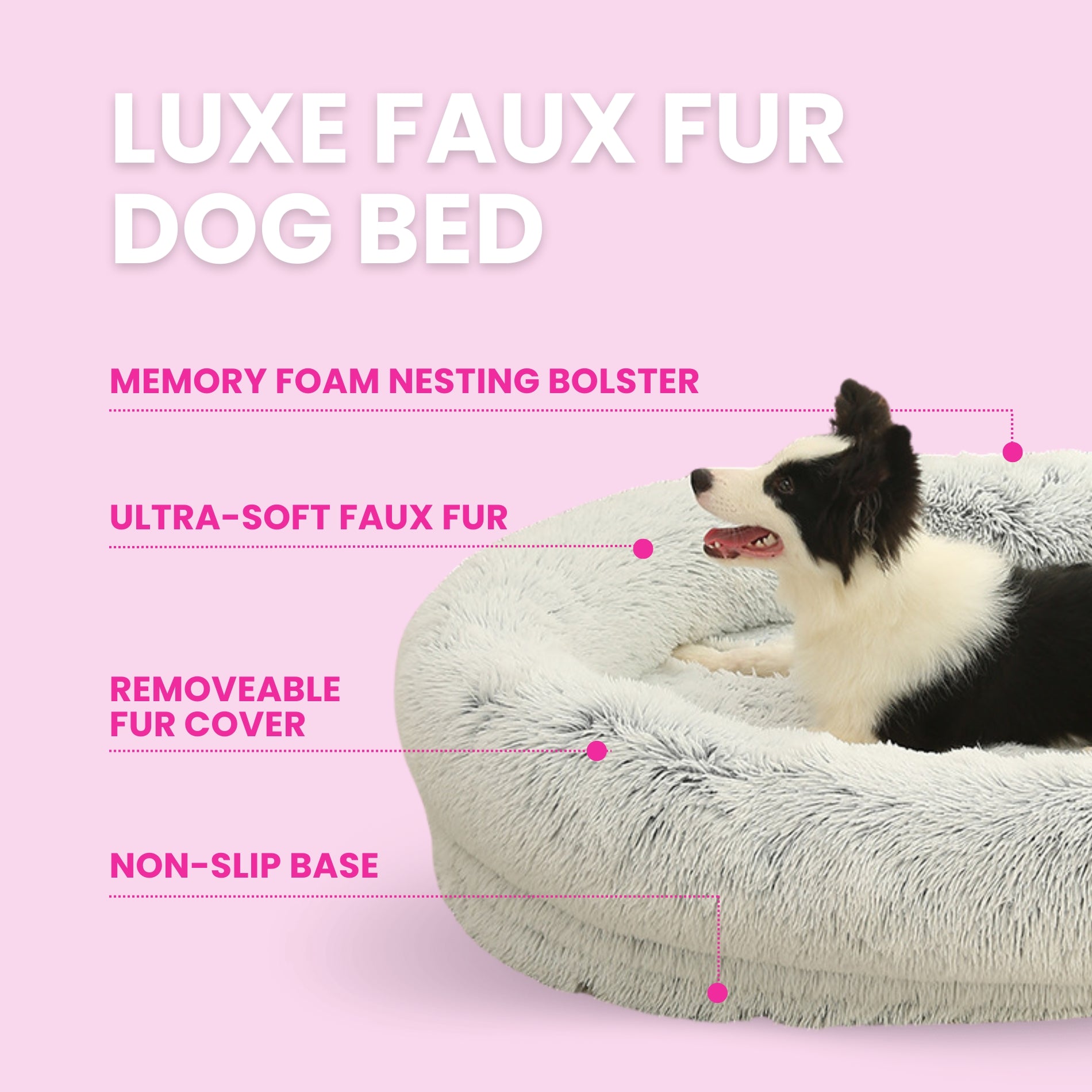 Calming Faux Fur Dog Bed with Memory Foam Bolster - Glow Pups