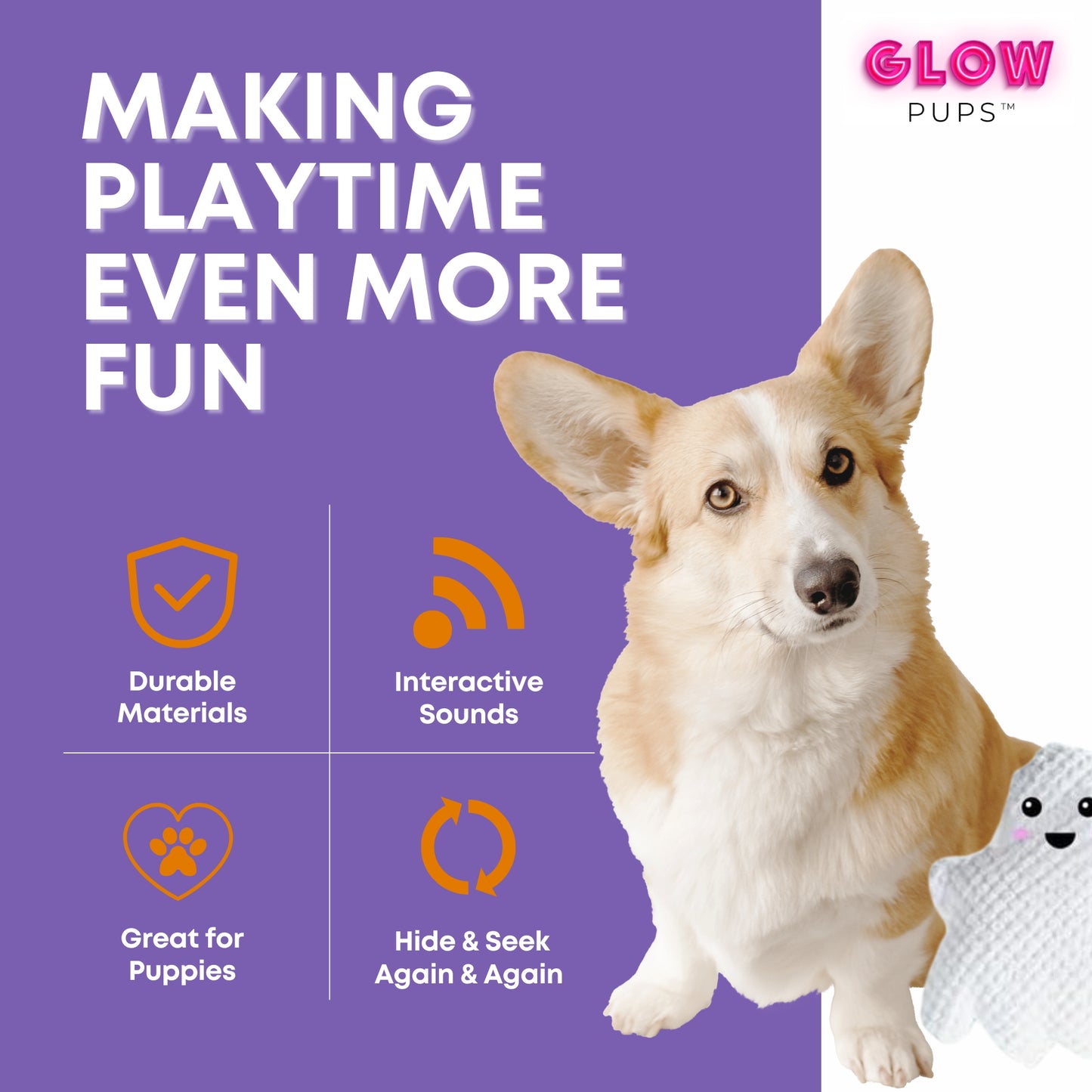 Halloween Jack O Lantern Hide and Seek Dog Toy that Squeaks and Crinkles - Glow Pups