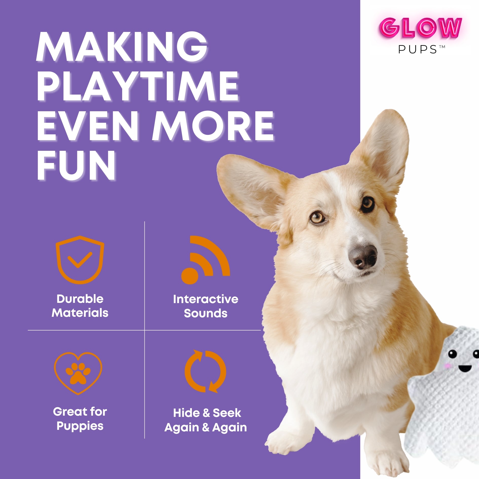 Halloween Jack O Lantern Hide and Seek Dog Toy that Squeaks and Crinkles - Glow Pups