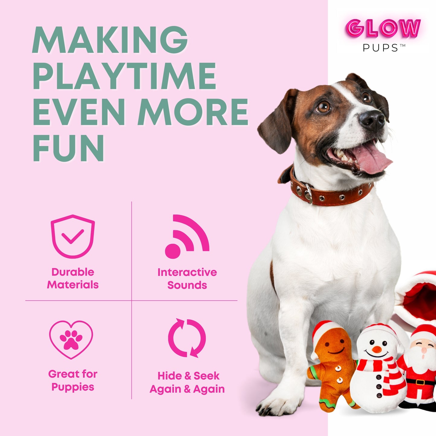 Christmas Stocking Dog Toy with Santa, Snowman and Gingerbread Man toys - Glow Pups