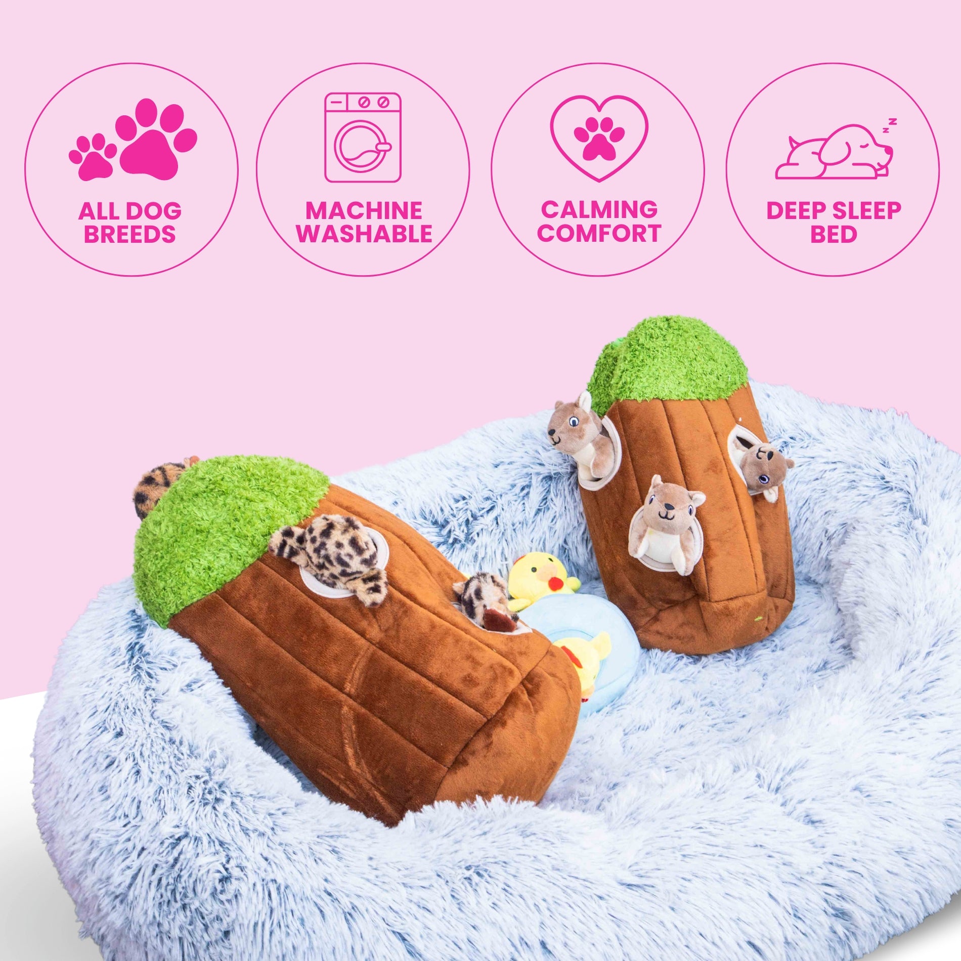 Calming Faux Fur Dog Bed with Memory Foam Bolster - Glow Pups