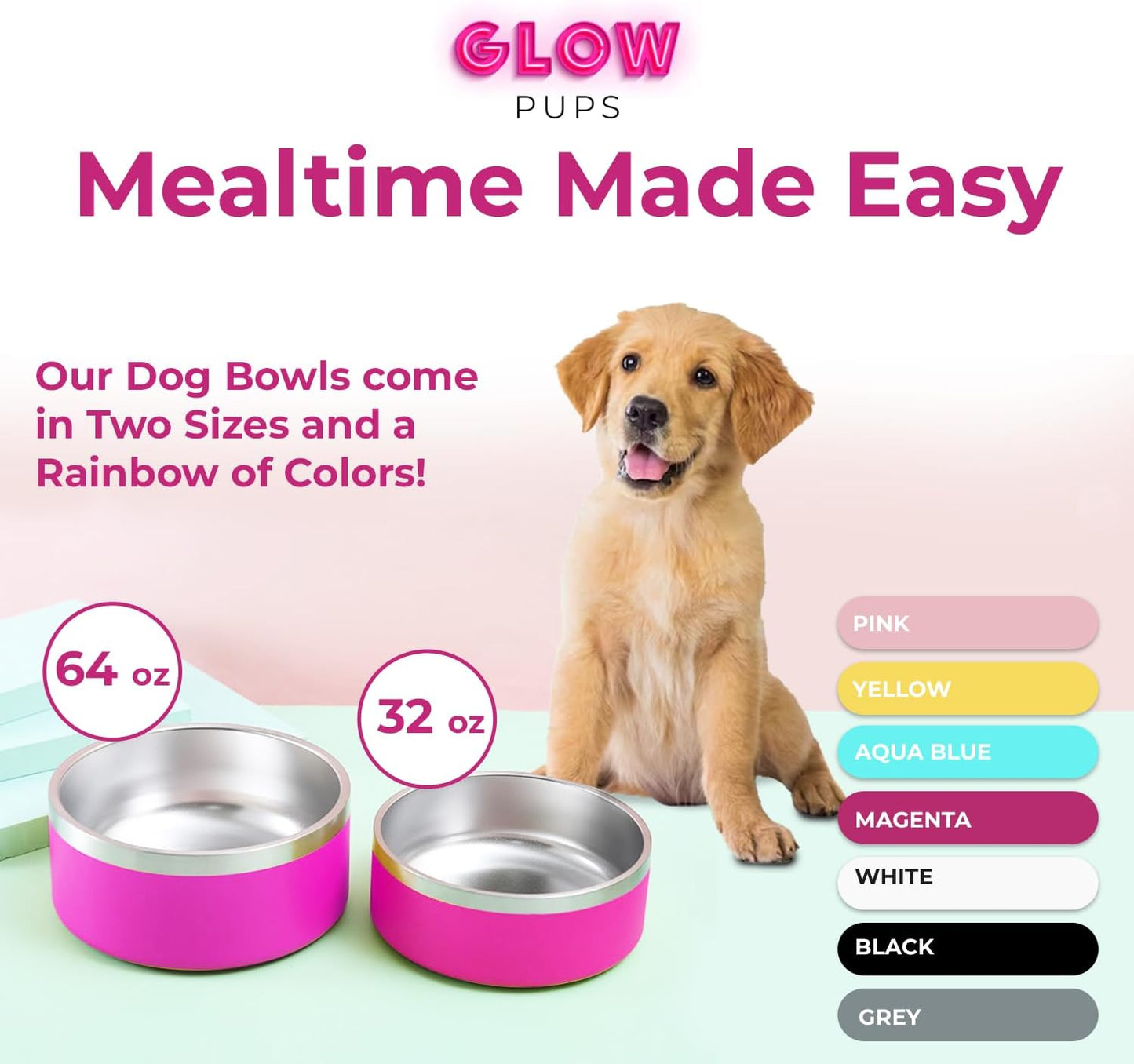 Bright Pink Stainless Steel Dog Bowl - 32oz & 64oz - Glow Pups