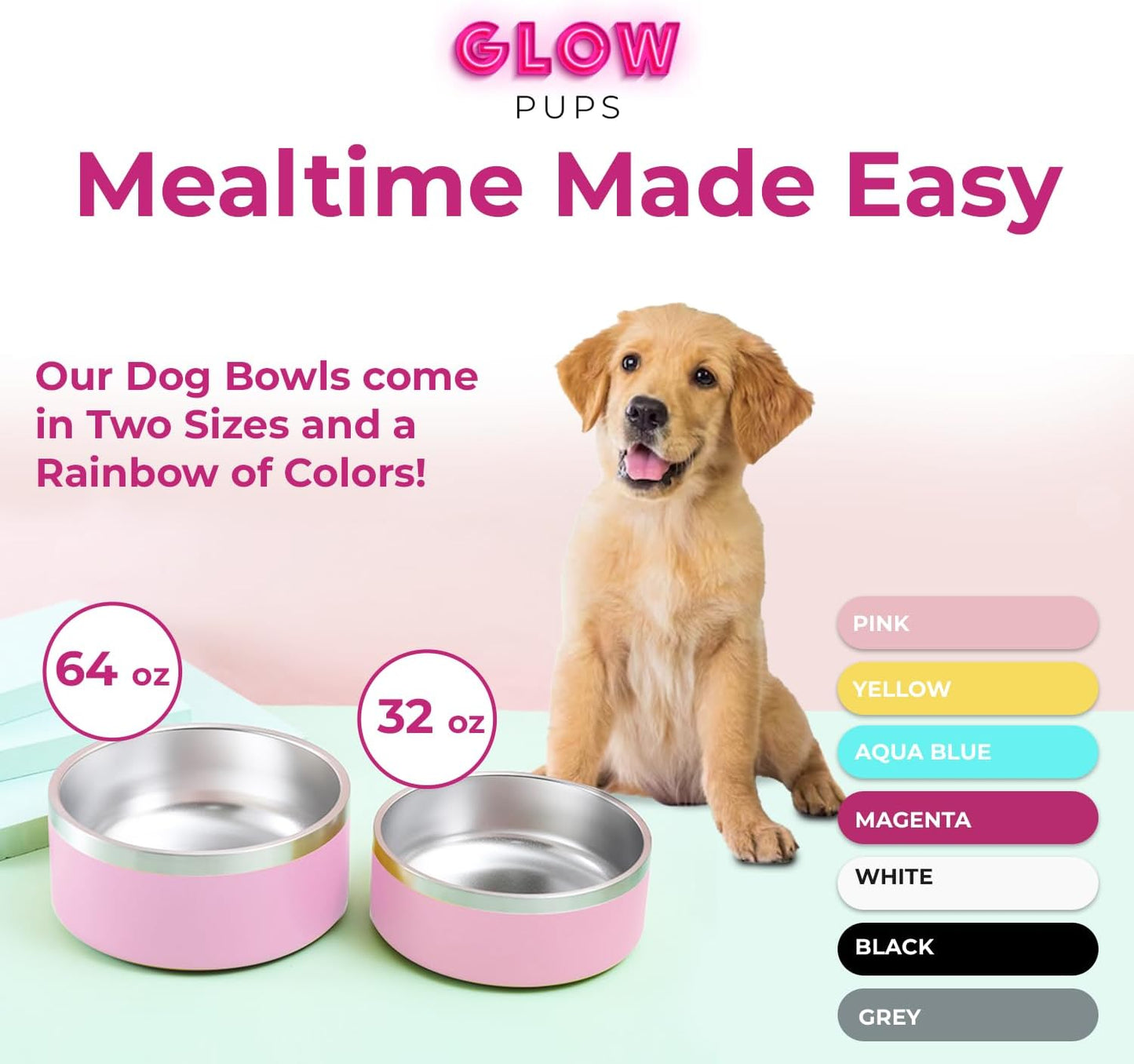 Light Pink Stainless Steel Dog Bowl - 32oz & 64oz - Glow Pups