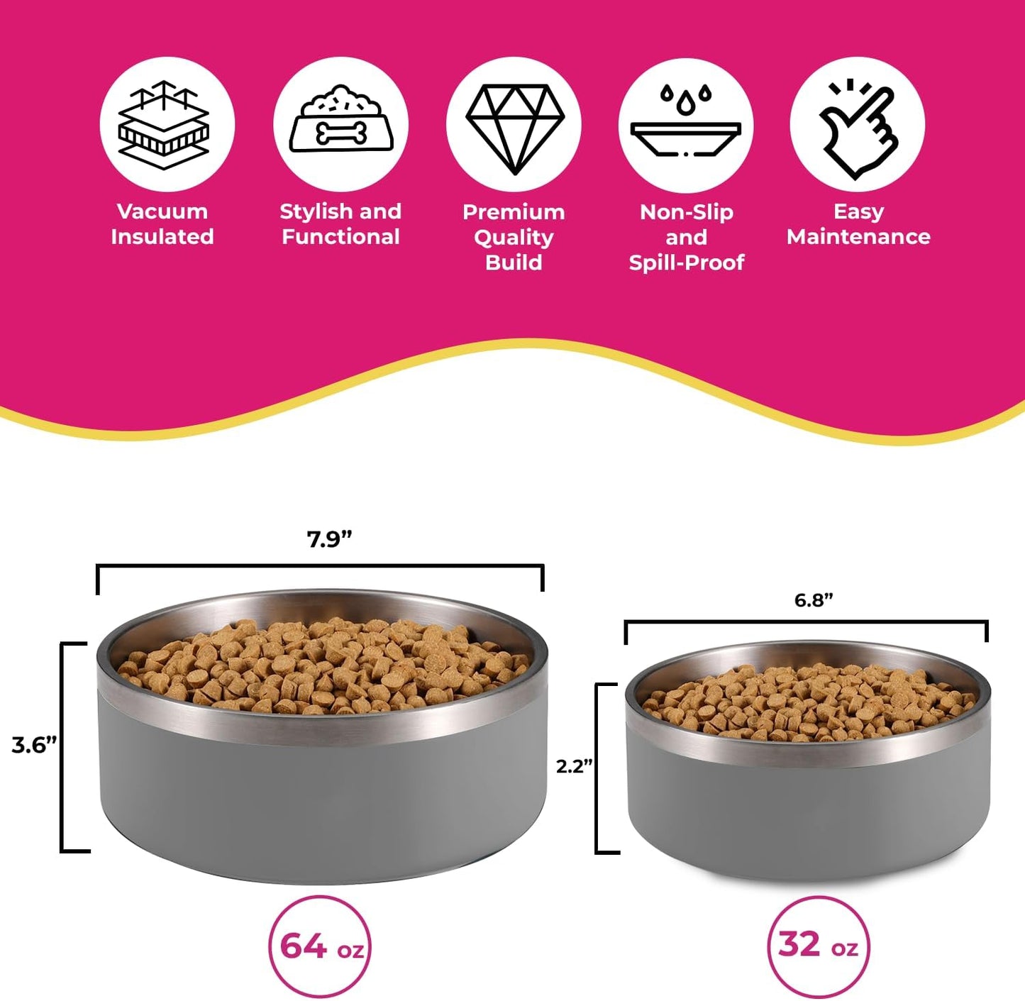 Grey Stainless Steel Dog Bowl Set - 32oz & 64oz - Glow Pups