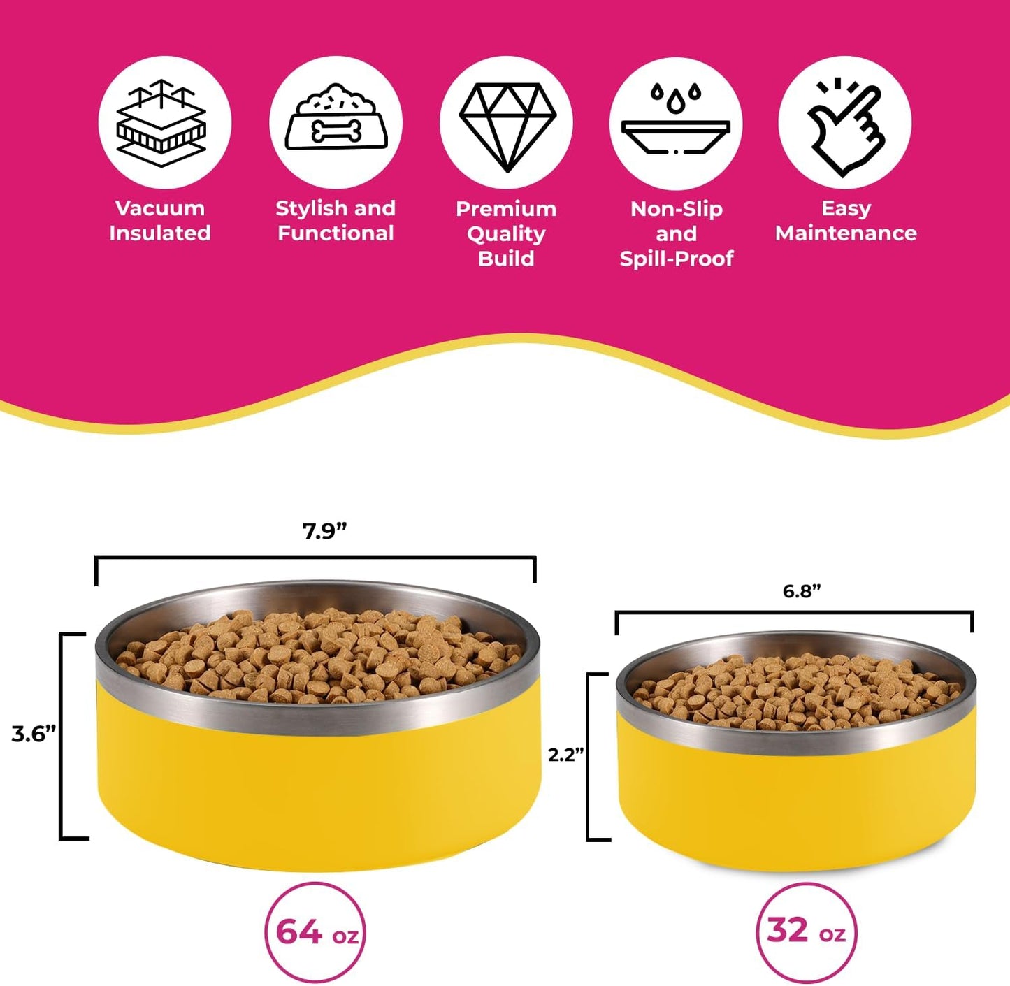 Sunshine Yellow Stainless Steel Dog Bowl - 32oz & 64oz - Glow Pups