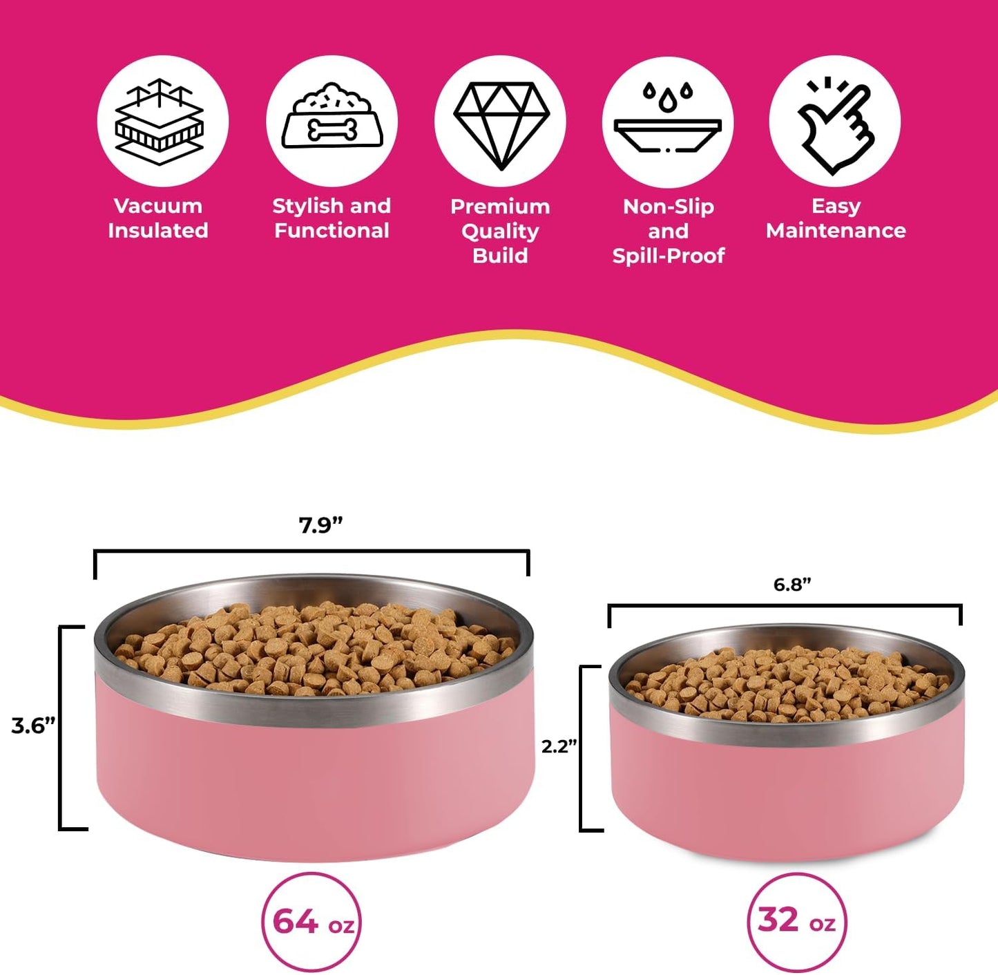 Light Pink Stainless Steel Dog Bowl - 32oz & 64oz - Glow Pups