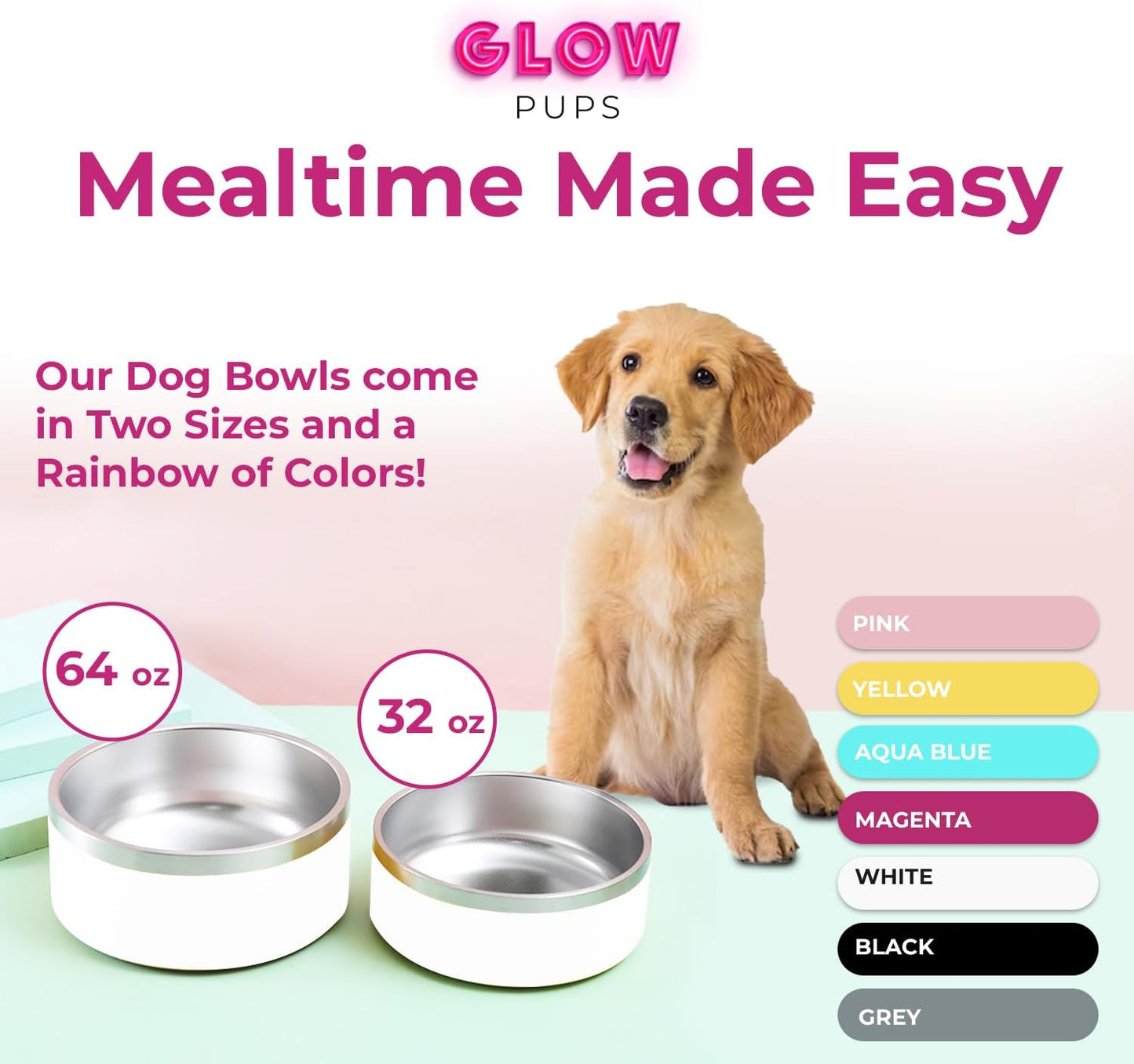 White Stainless Steel Dog Bowl - 32oz & 64oz - Glow Pups