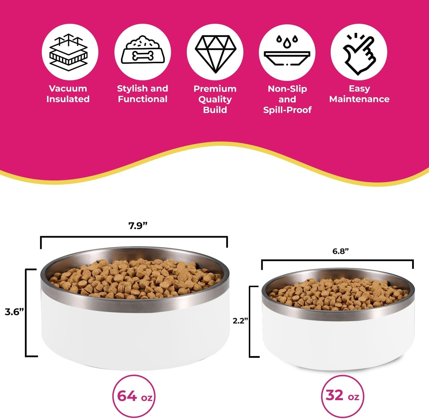 White Stainless Steel Dog Bowl - 32oz & 64oz - Glow Pups