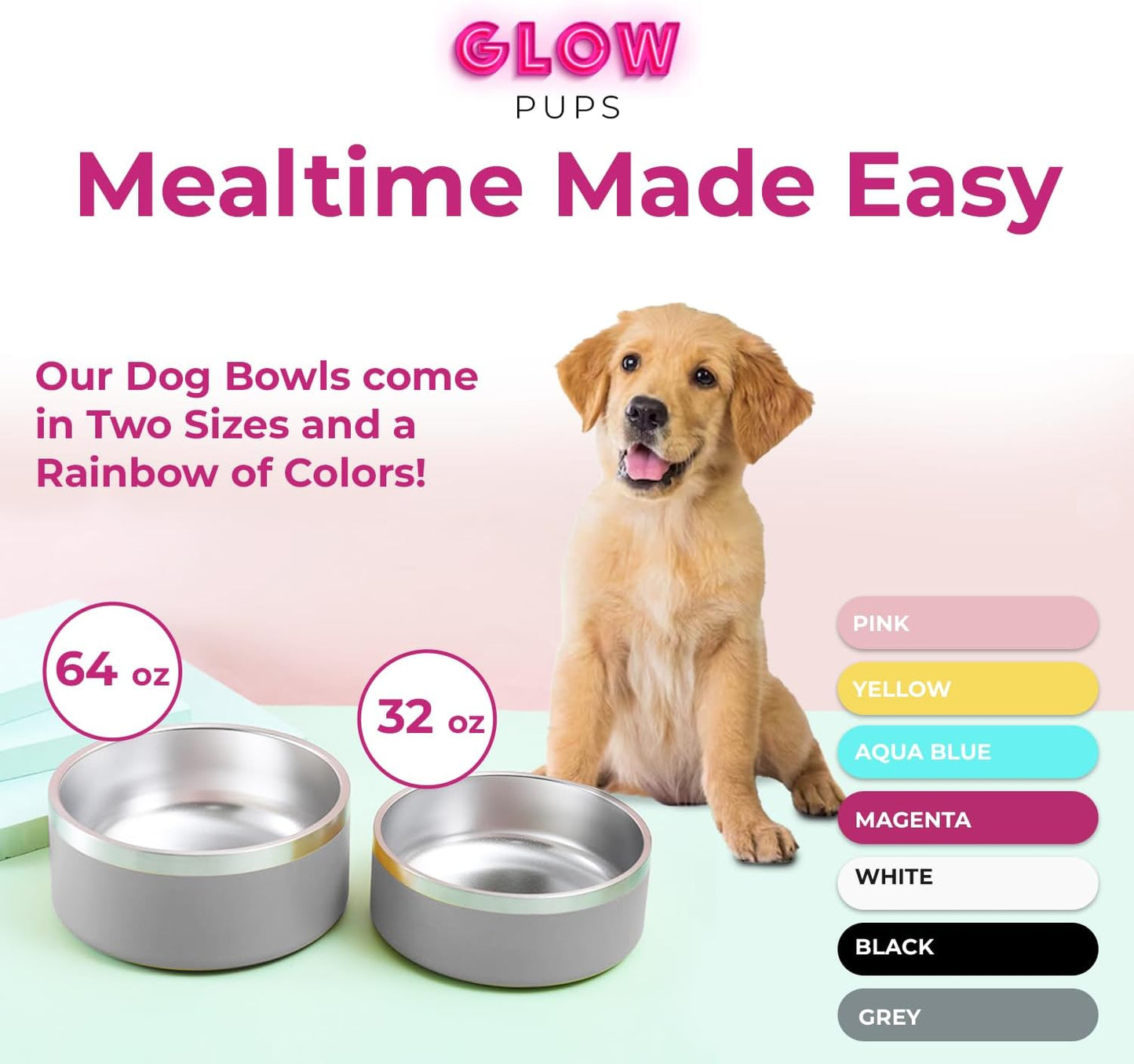 Grey Stainless Steel Dog Bowl Set - 32oz & 64oz - Glow Pups