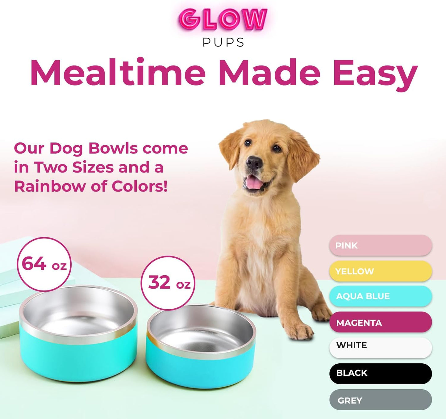Aqua Blue Stainless Steel Dog Bowl - 32oz & 64oz - Glow Pups