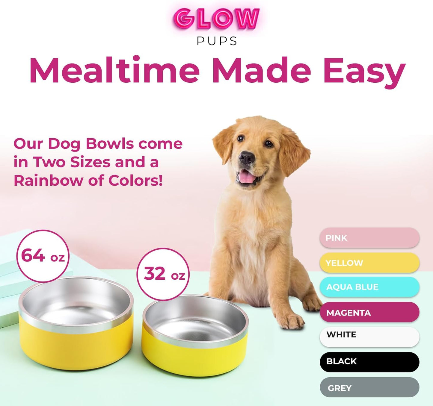 Sunshine Yellow Stainless Steel Dog Bowl - 32oz & 64oz - Glow Pups