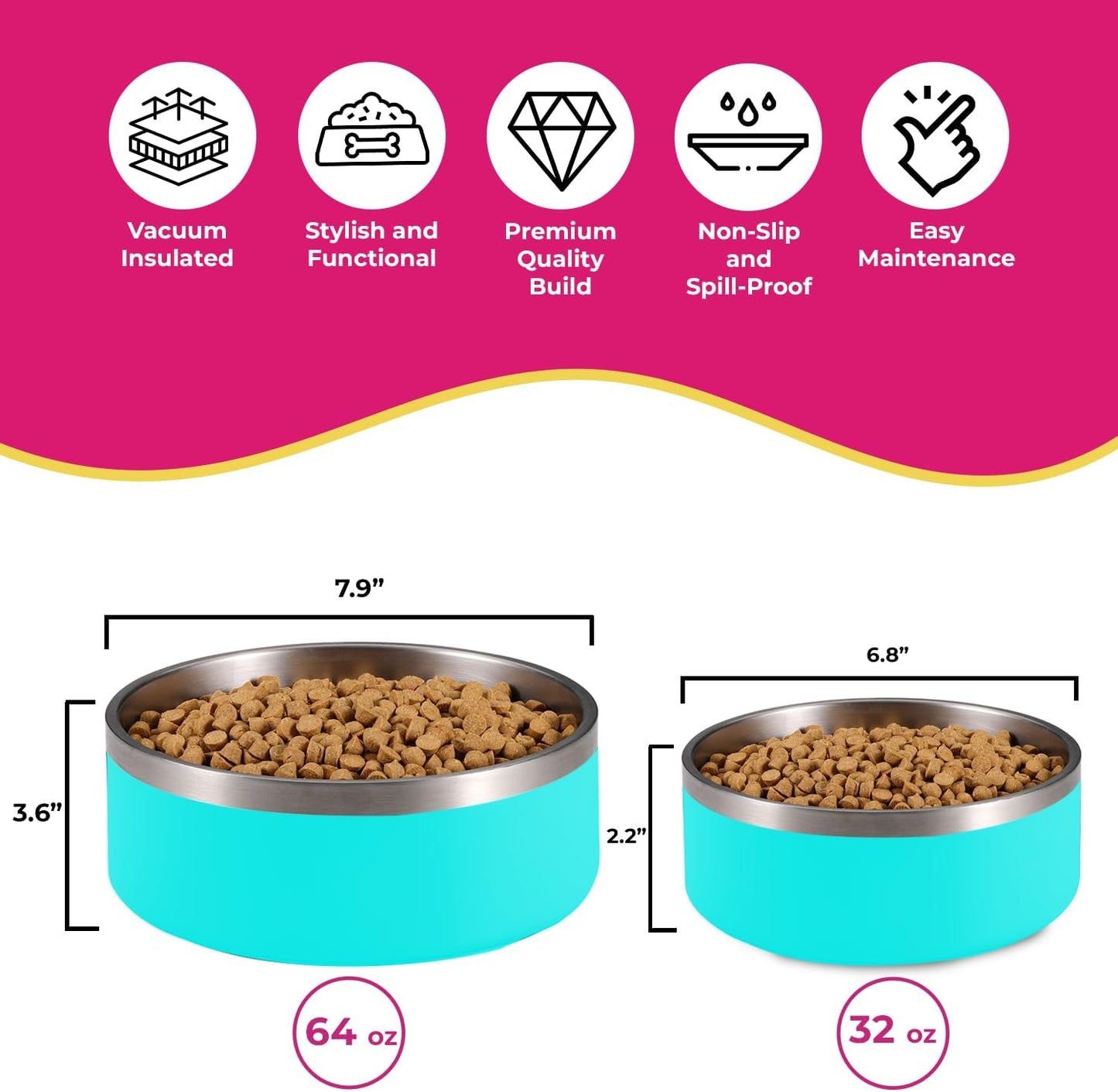 Aqua Blue Stainless Steel Dog Bowl - 32oz & 64oz - Glow Pups