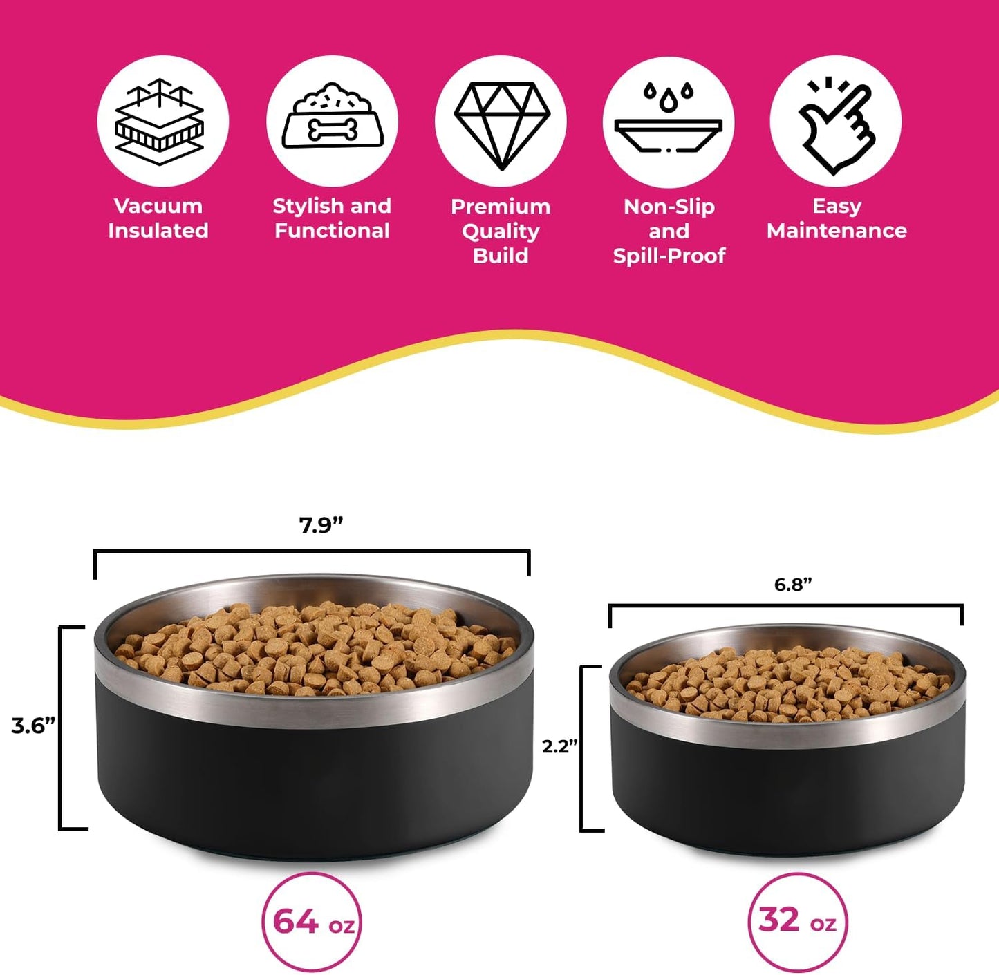 Black Stainless Steel Dog Bowl - 32oz & 64oz - Glow Pups