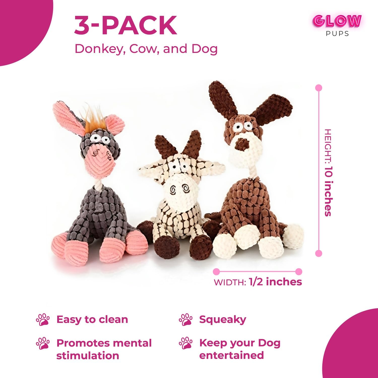 3 Pack Farm Friends Plush Toy Set - Donkey, Cow and Dog - Glow Pups