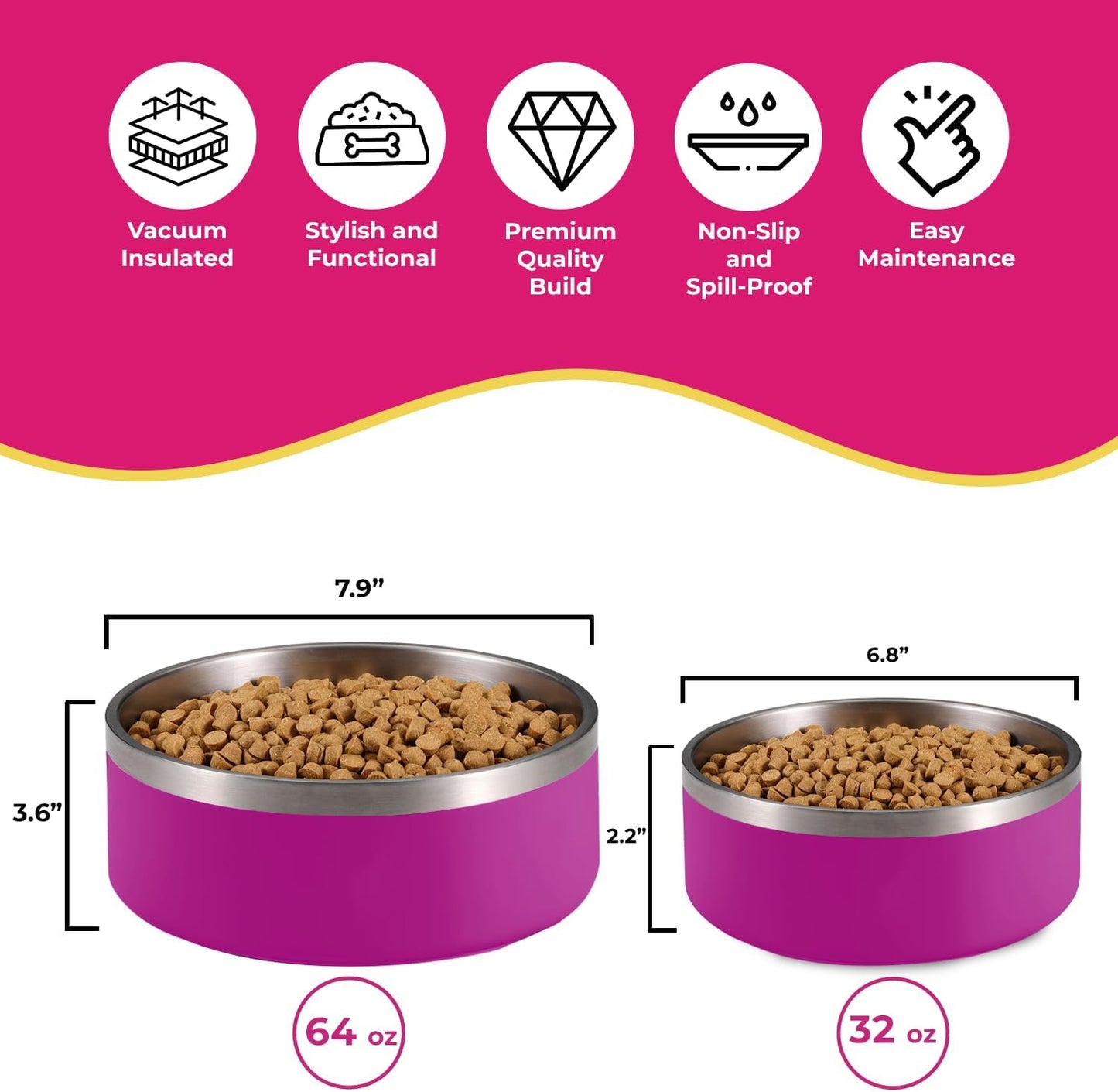 Bright Pink Stainless Steel Dog Bowl - 32oz & 64oz - Glow Pups