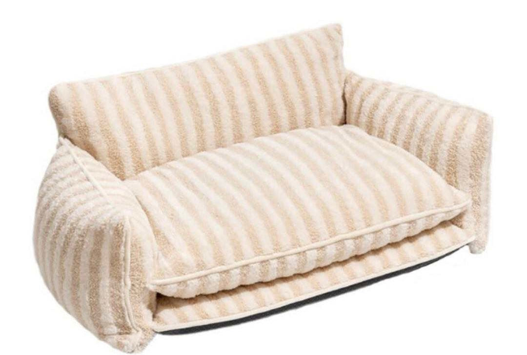 Cozy Beige and Cream Striped Sofa Dog Bed - Glow Pups
