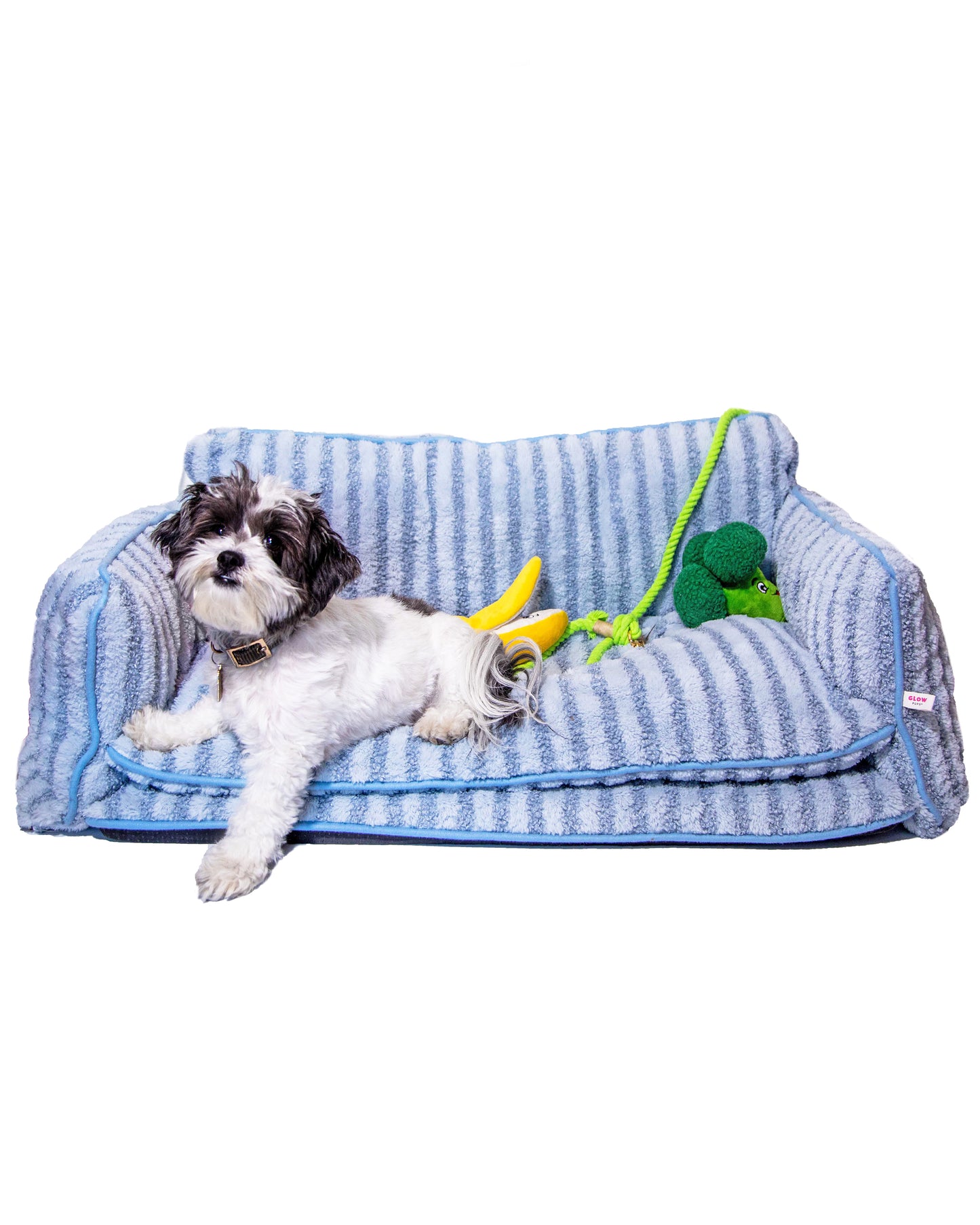 Luxury Light Blue Striped Sofa Dog Bed - Glow Pups