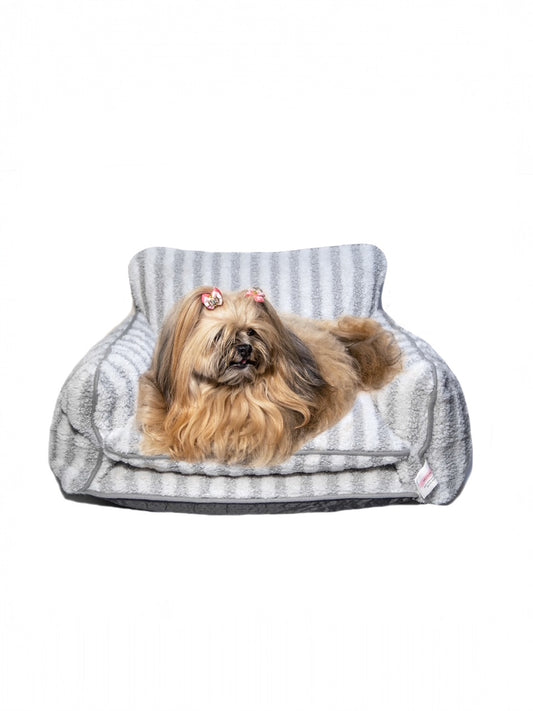 Stylish Grey and White Striped Couch Style Dog Bed - Glow Pups
