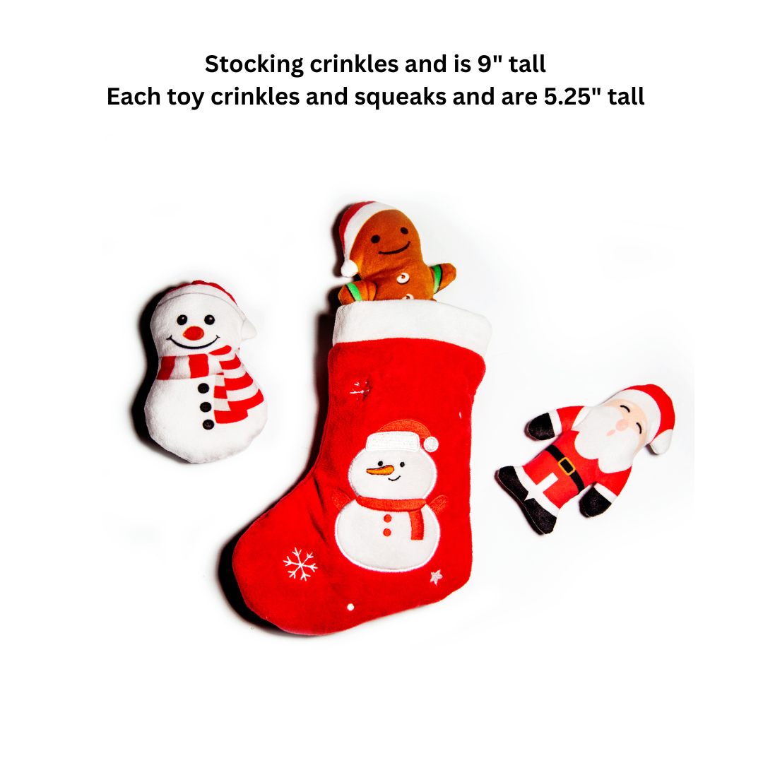 Christmas Stocking Dog Toy with Santa, Snowman and Gingerbread Man toys - Glow Pups