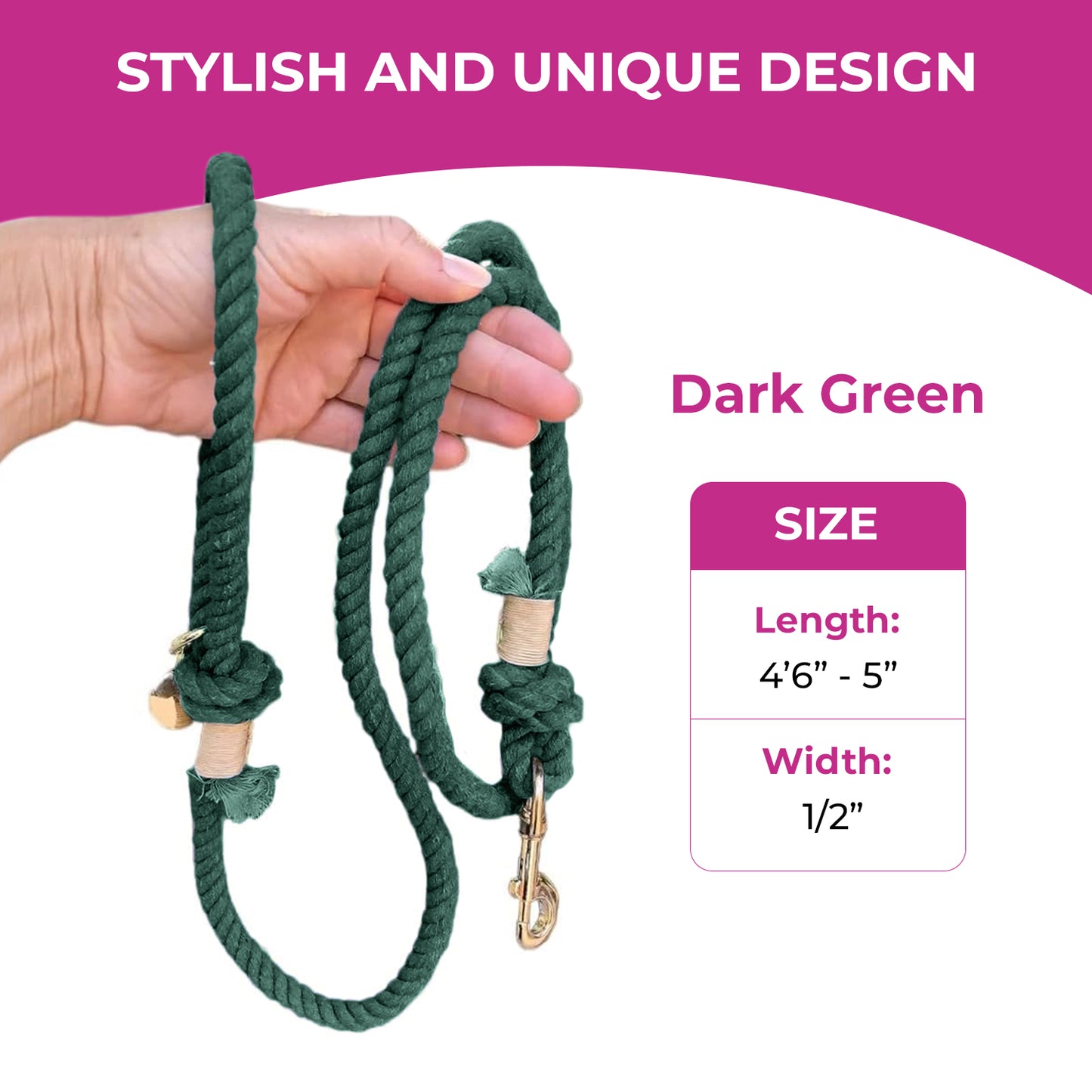 Dark Green Boho Chic Rope Leash - Glow Pups