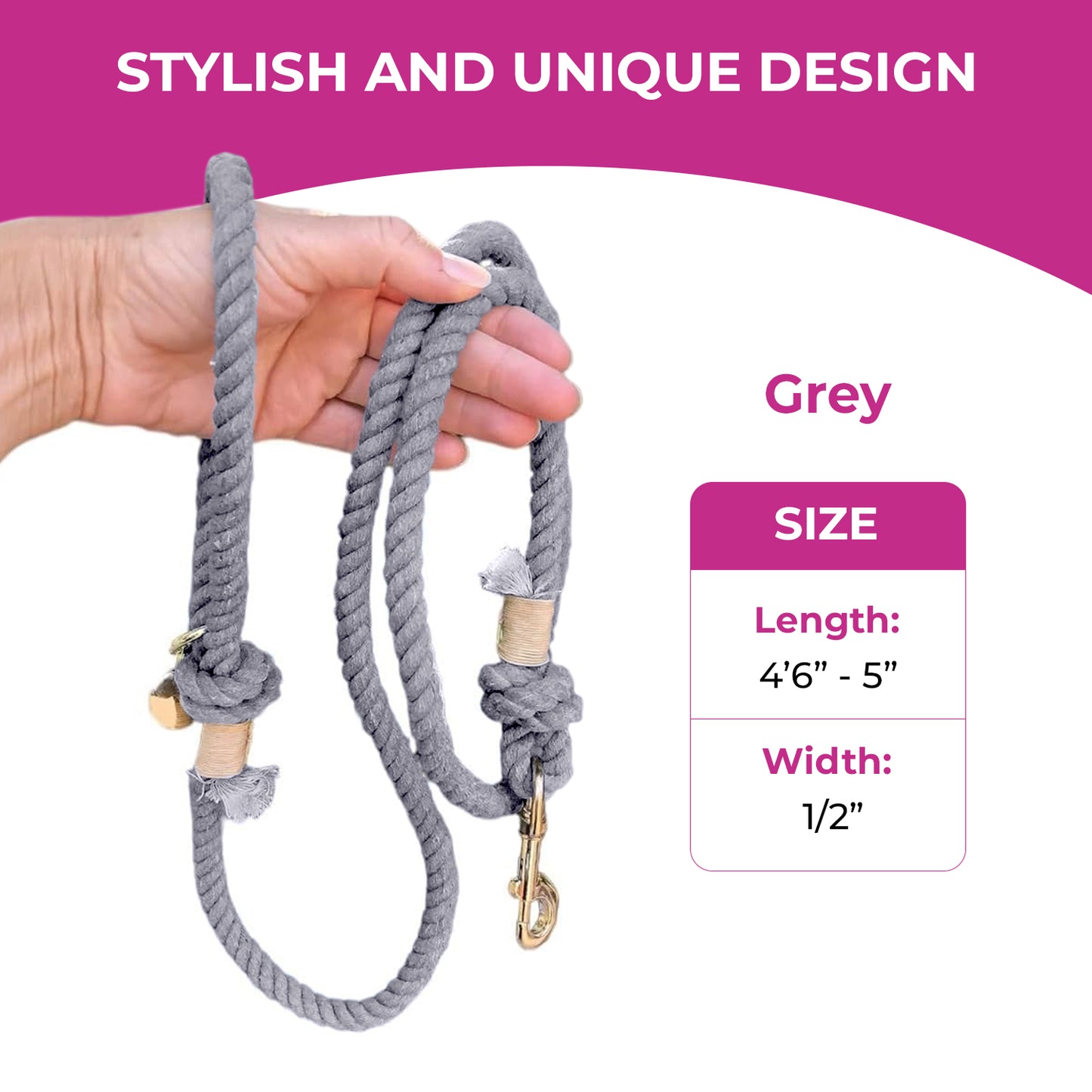Grey Boho Chic Style Rope Leash - Glow Pups