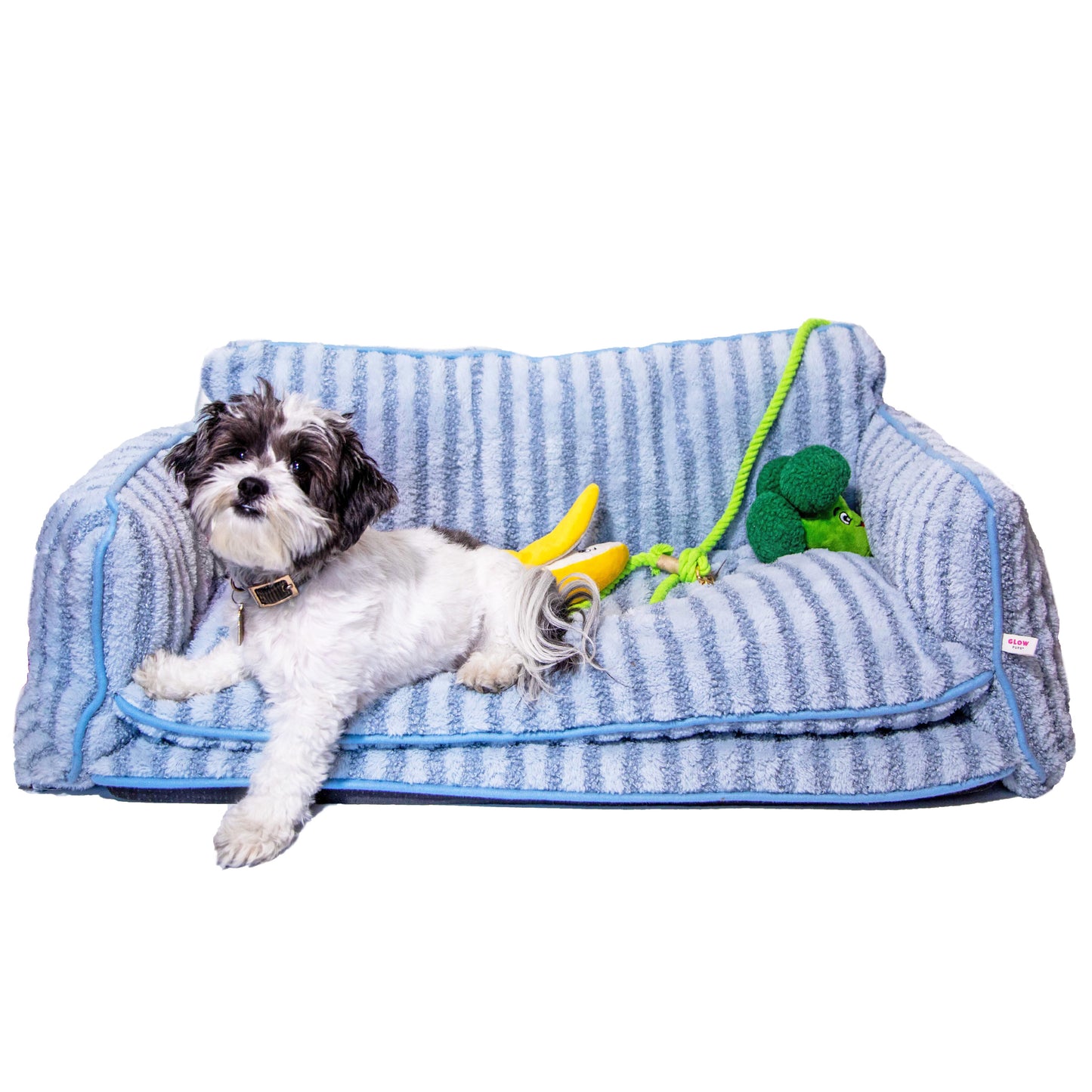 Luxury Light Blue Striped Sofa Dog Bed - Glow Pups
