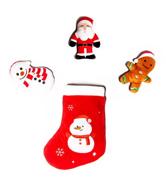 Christmas Stocking Dog Toy with Santa, Snowman and Gingerbread Man toys