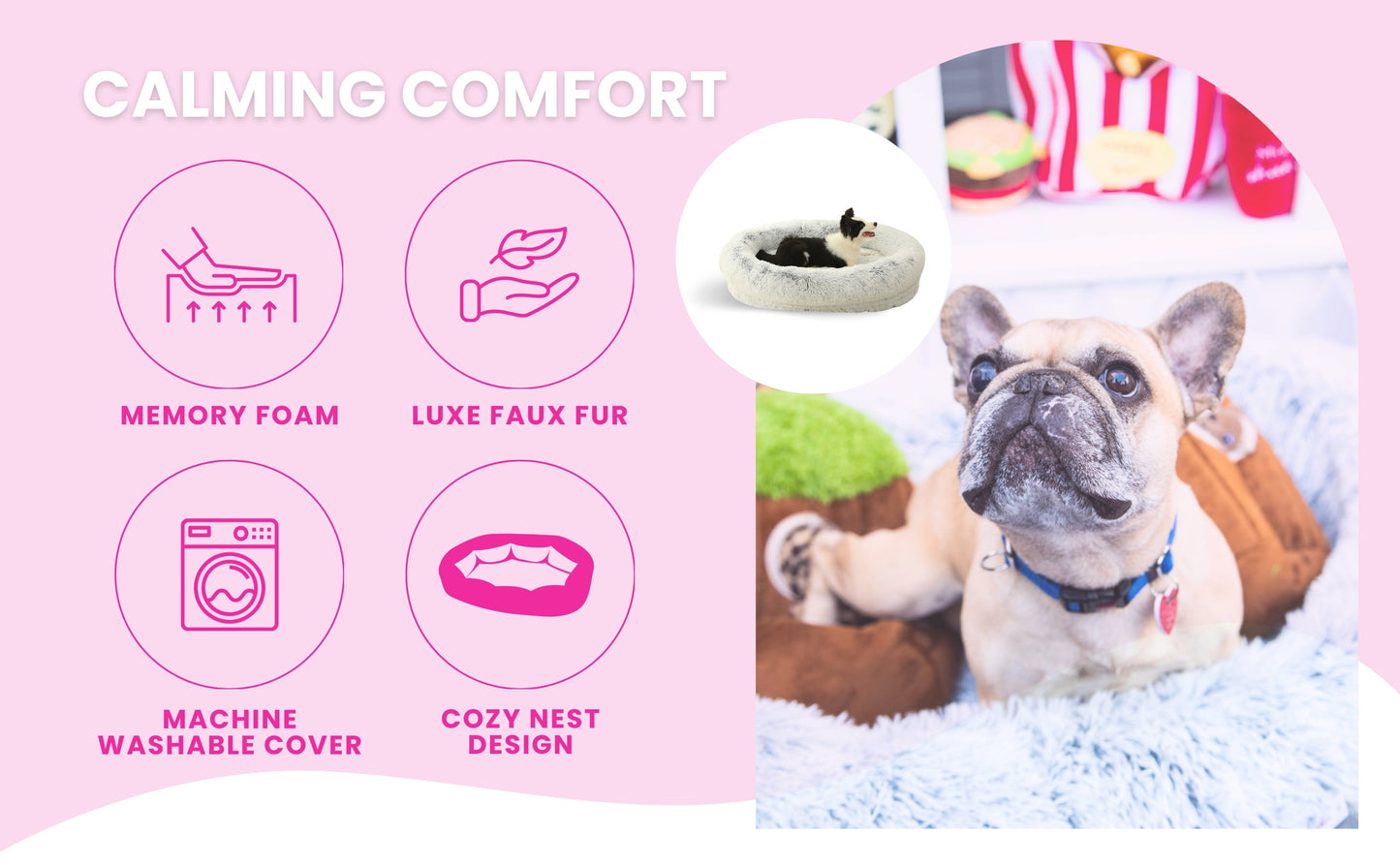 Calming Faux Fur Dog Bed with Memory Foam Bolster