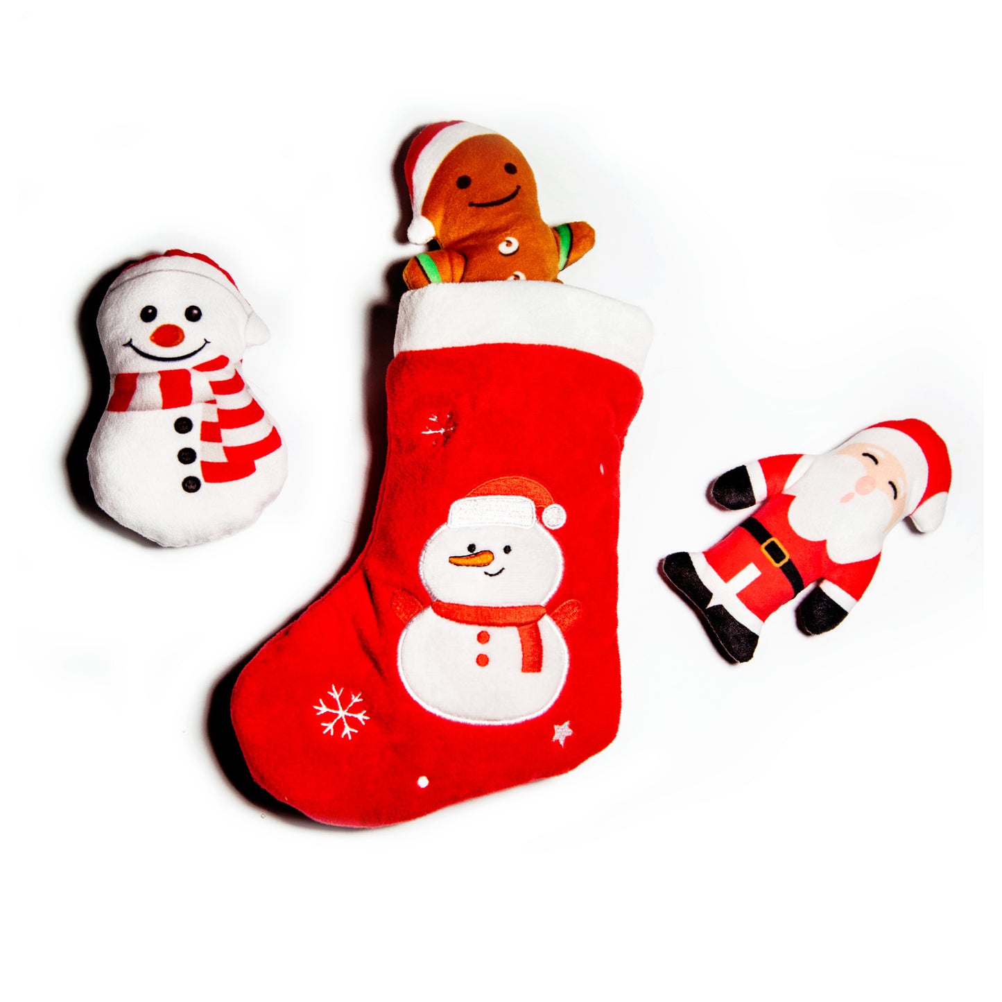 Christmas Stocking Dog Toy with Santa, Snowman and Gingerbread Man toys