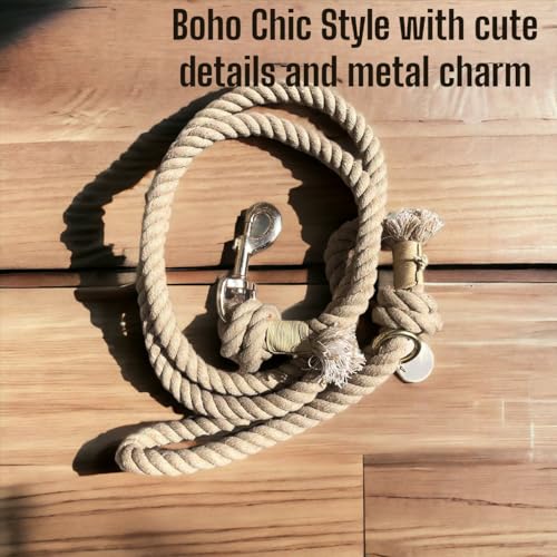 🐾 Boho Chic Beige Rope Leash with Fringe Accent & Metal Charm