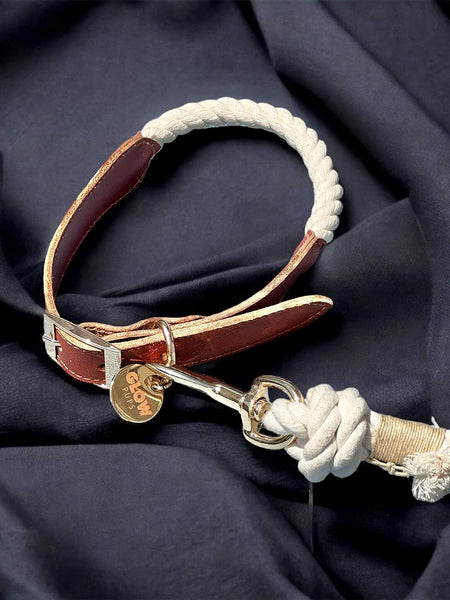 Natural White Rope and Leather Collar