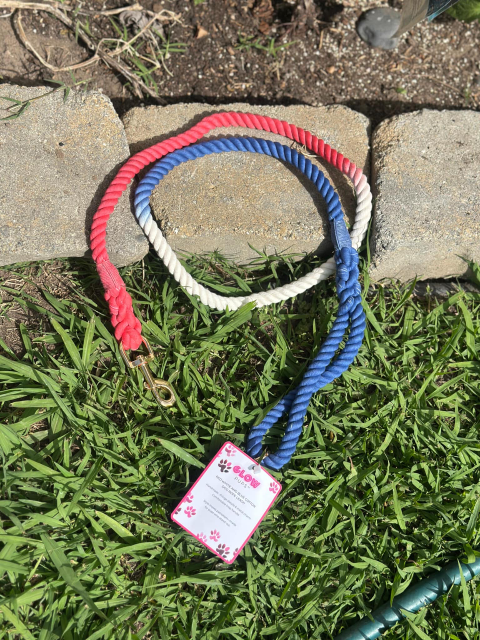 Durable Red White And Blue Rope Dog Leash With Comfortable Handle by Glow Pups