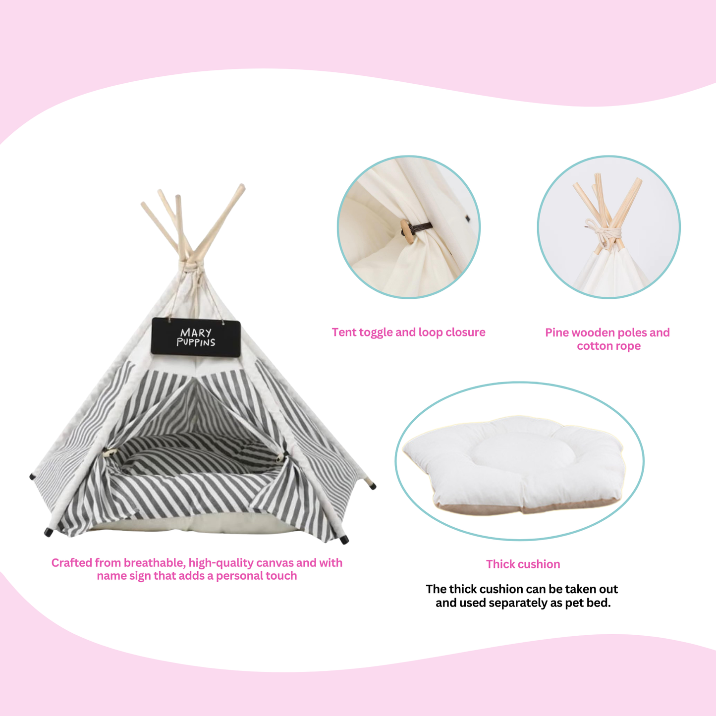 Pet Teepee Dog Bed, Grey and White Striped - Glow Pups
