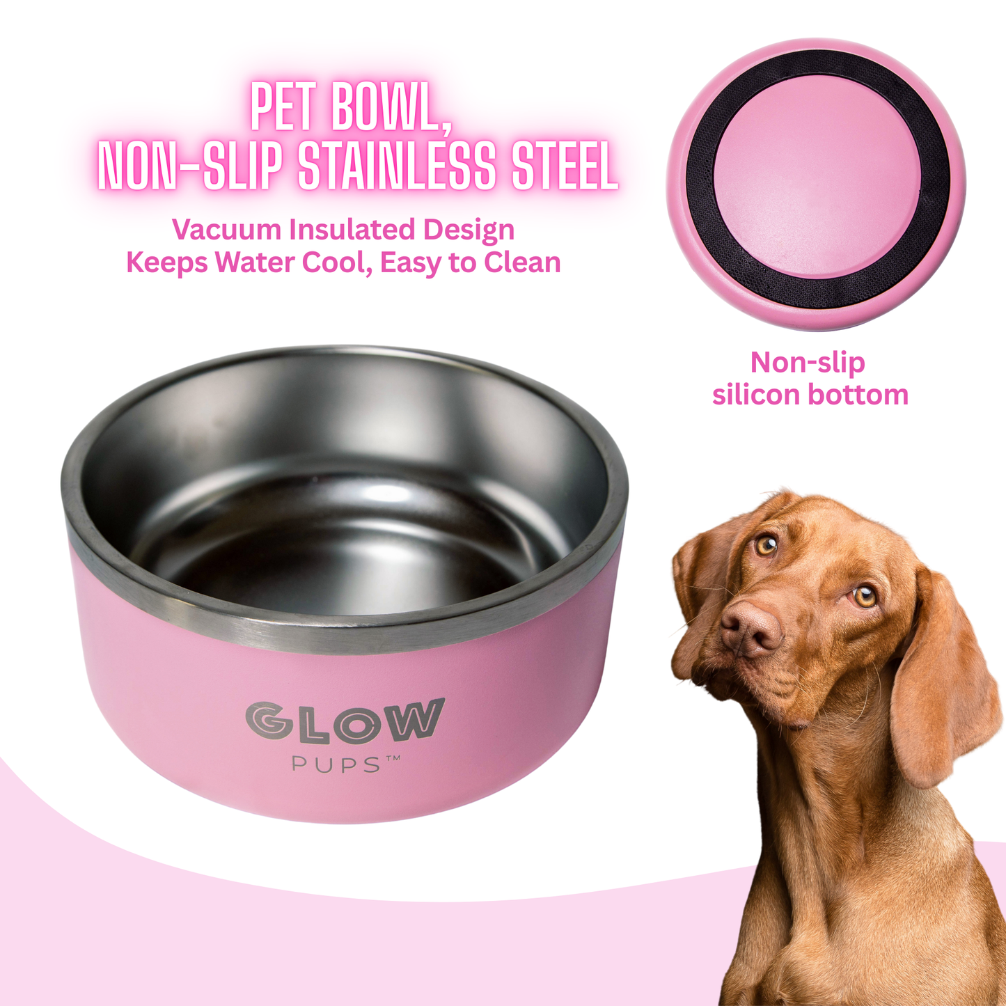 Light Pink Stainless Steel Dog Bowl 32oz & 64oz - Glow Pups