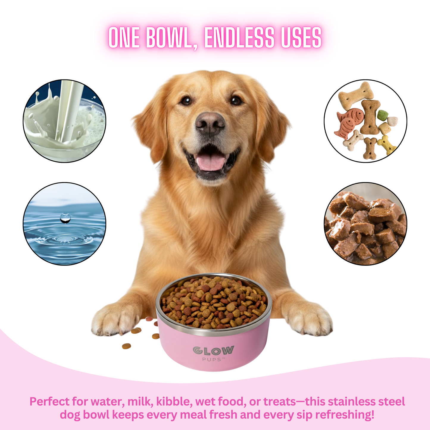 White Stainless Steel Dog Bowl 32oz & 64oz - Glow Pups