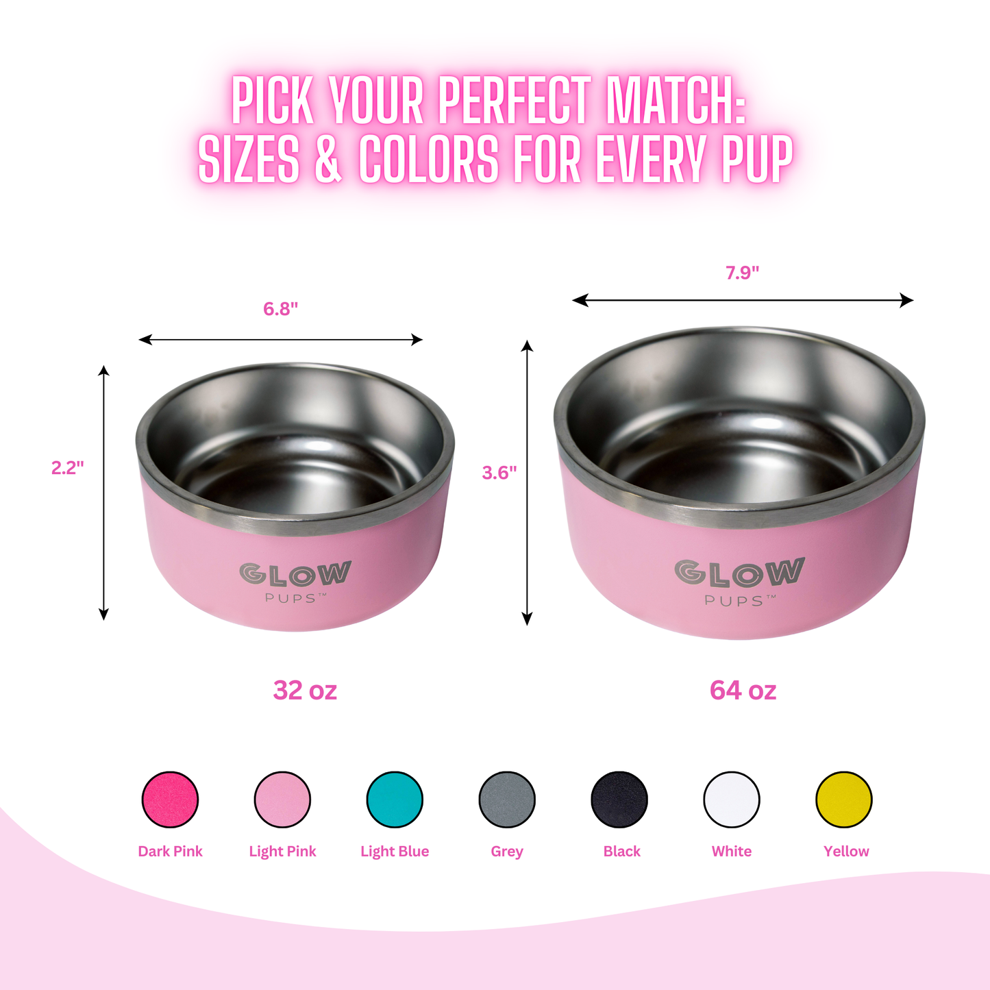 Light Pink Stainless Steel Dog Bowl 32oz & 64oz - Glow Pups