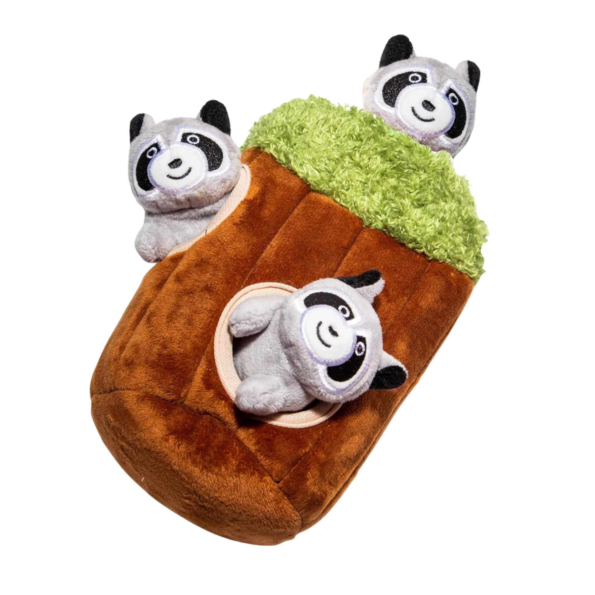 Small Hide and Seek Tree Toy with 3 plush raccoons for dogs