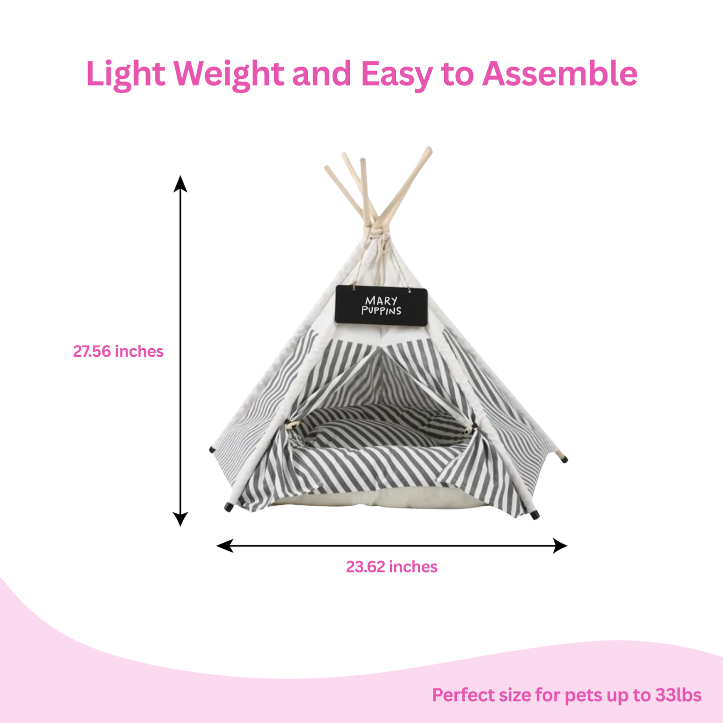 Pet Teepee Dog Bed, Grey and White Striped - Glow Pups