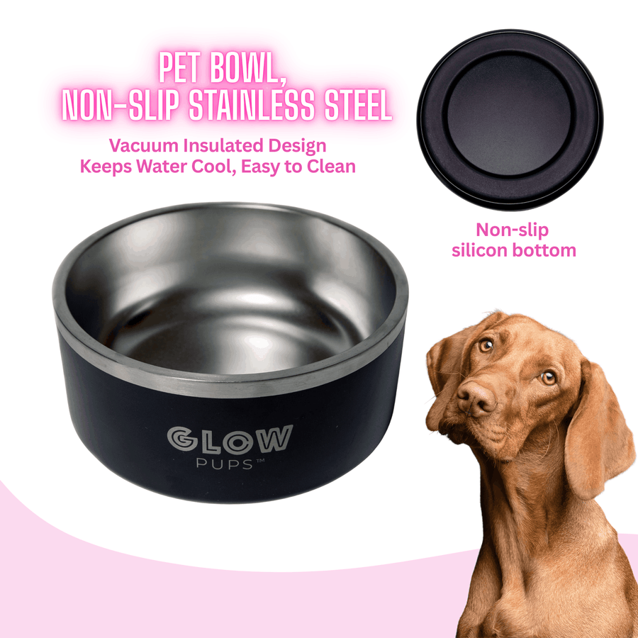 Glow Pups Black Stainless Steel Dog Bowl Vacuum Insulated 32oz And 64oz No Slip No Tip by Glow Pups