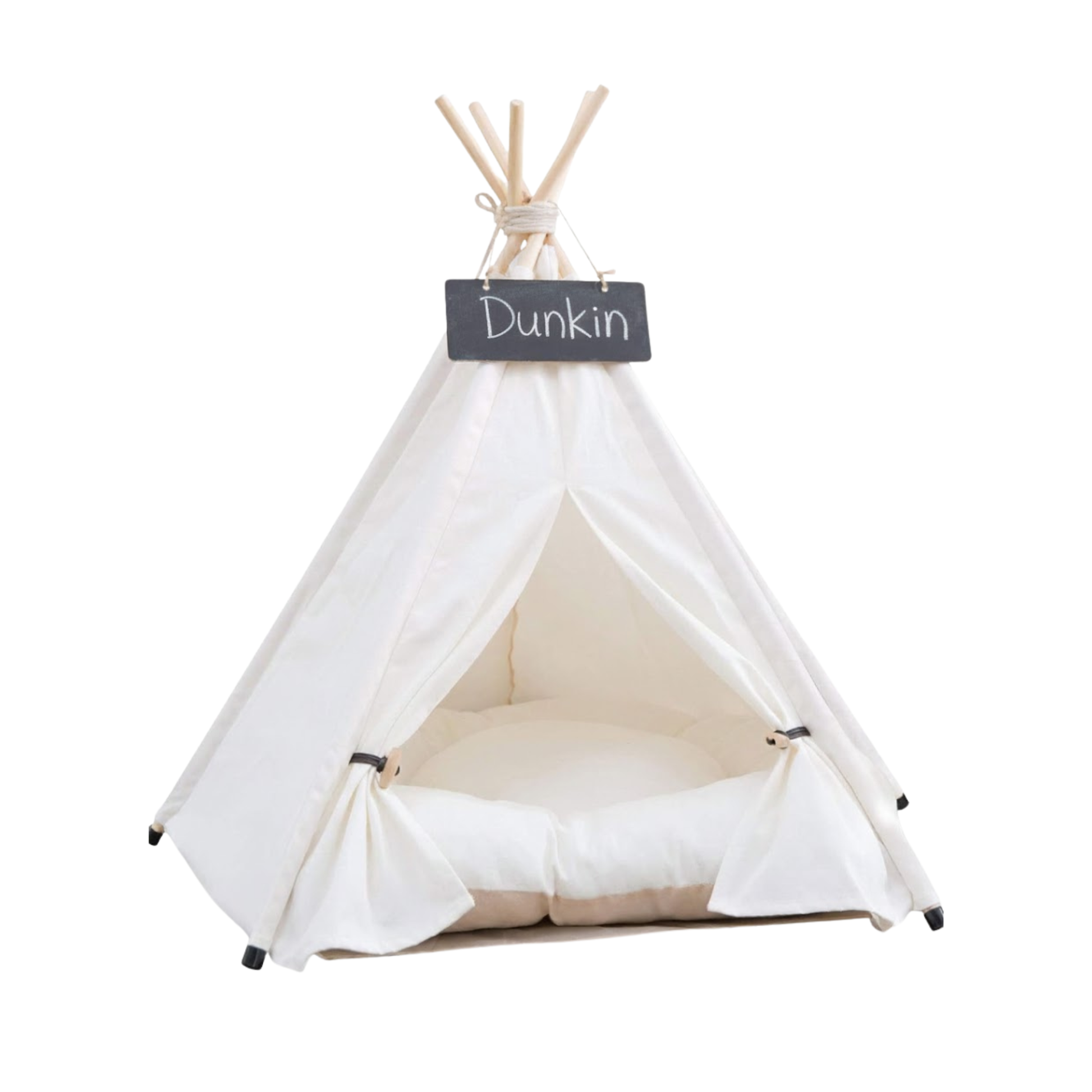 White Pet Teepee Dog Bed with breathable canvas and pine poles for small pets under 33 pounds