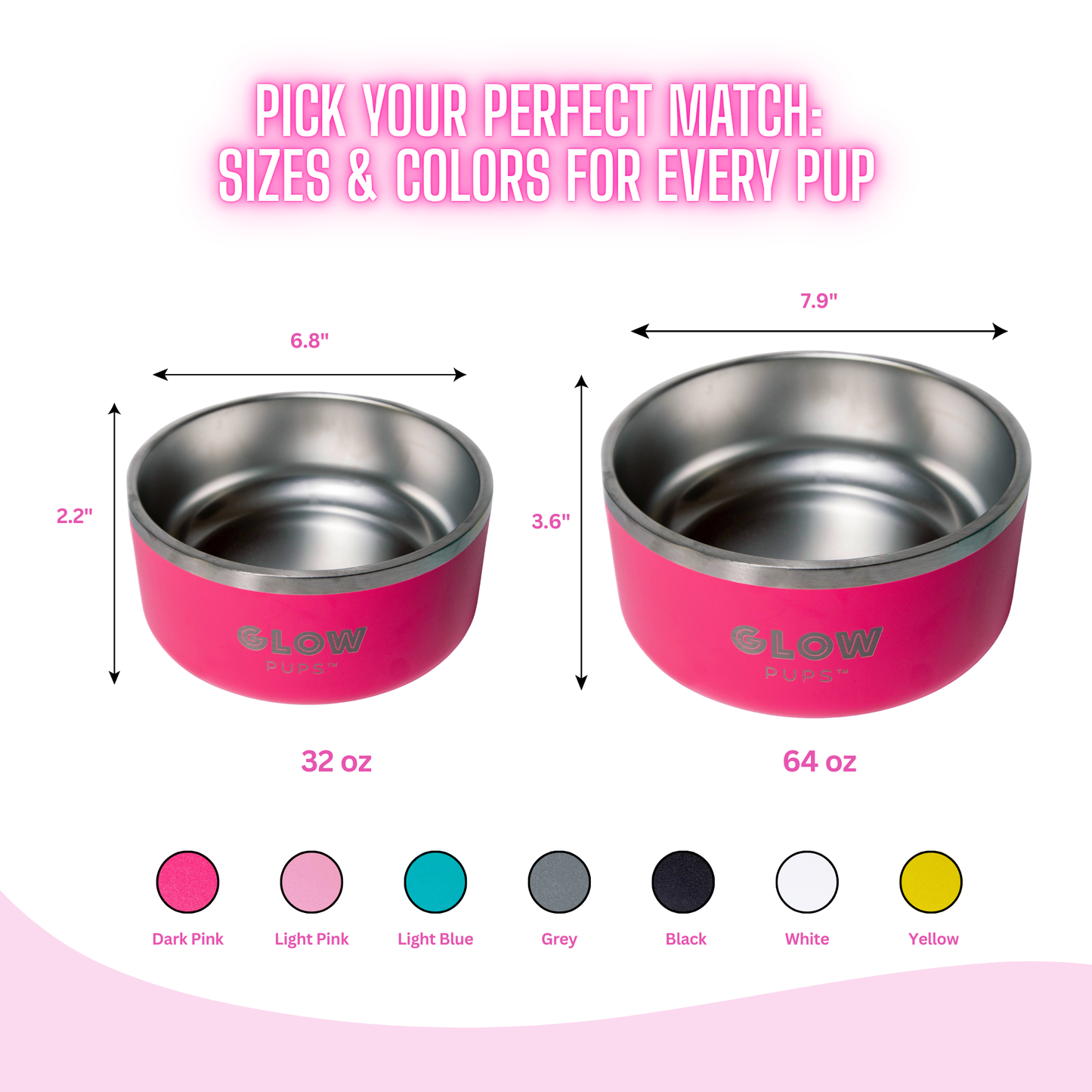 Dark Pink Stainless Steel Dog Bowl 32oz & 64oz- Glow Pups