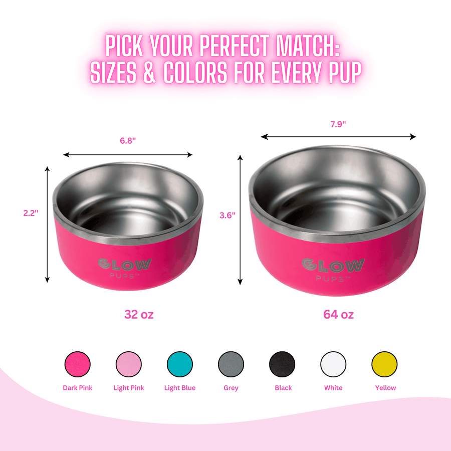Dark Pink Stainless Steel Dog Bowl 32oz And 64oz Vacuum Insulated Keeps Water Cool No Slip No Tip Glow Pups by Glow Pups