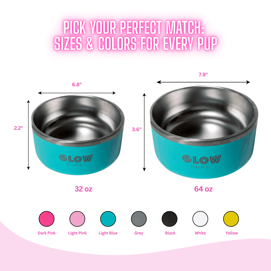Aqua Blue Stainless Steel Dog Bowl 32oz and 64oz Vacuum Insulated No Slip No Tip Base Glow Pups by Glow Pups