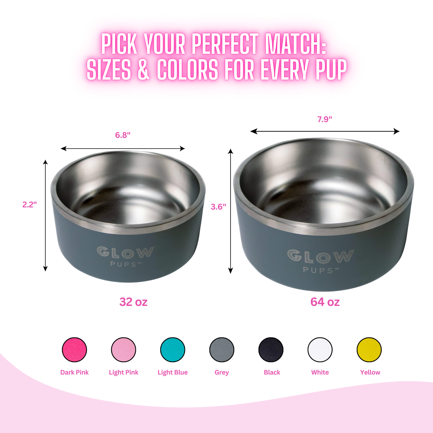 Grey Stainless Steel Dog Bowl 32oz & 64oz - Glow Pups