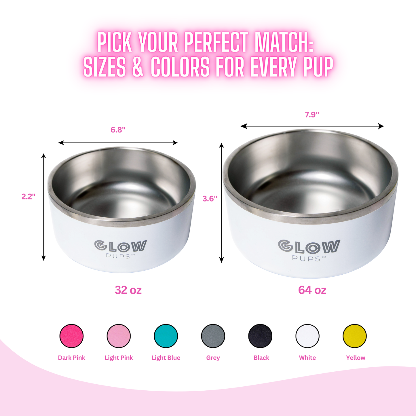 White Stainless Steel Dog Bowl 32oz & 64oz - Glow Pups