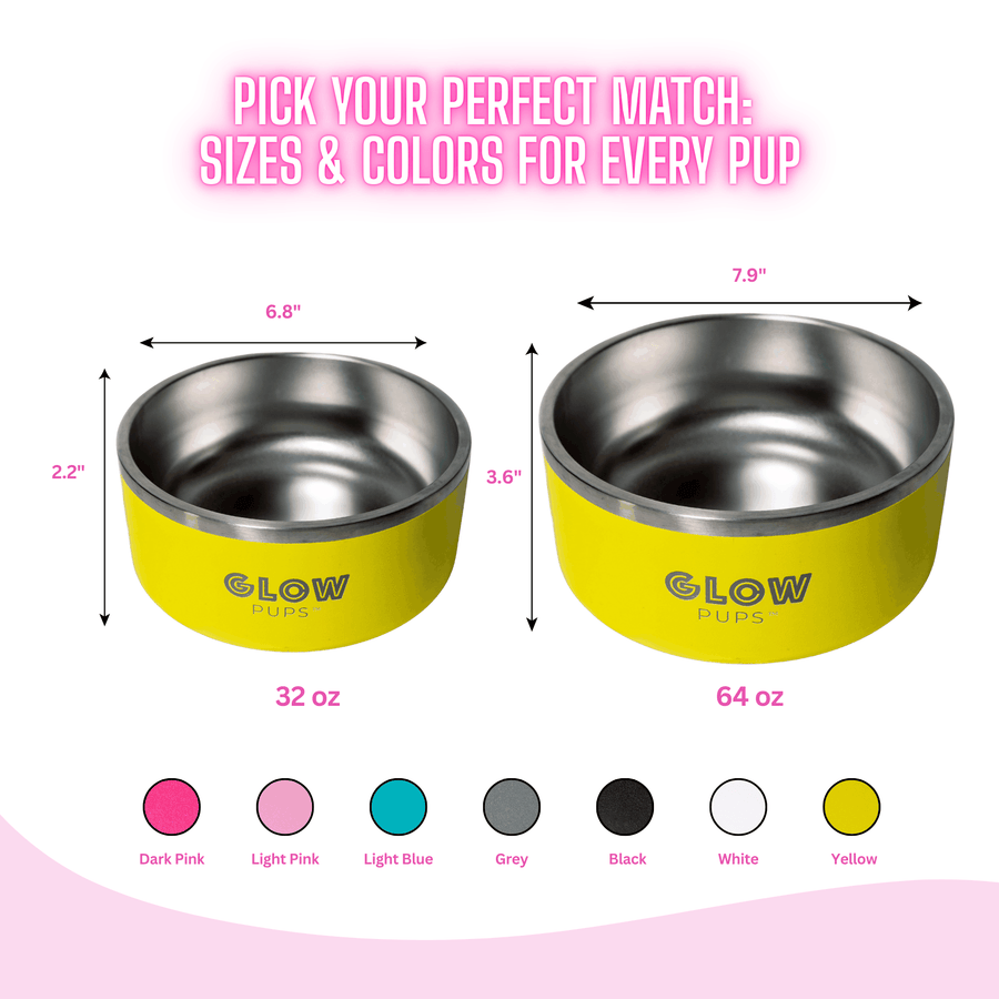 Sunshine Yellow Stainless Steel Dog Bowl 32oz and 64oz Vacuum Insulated Keeps Water Cool and Stable No Slip Design by Glow Pups