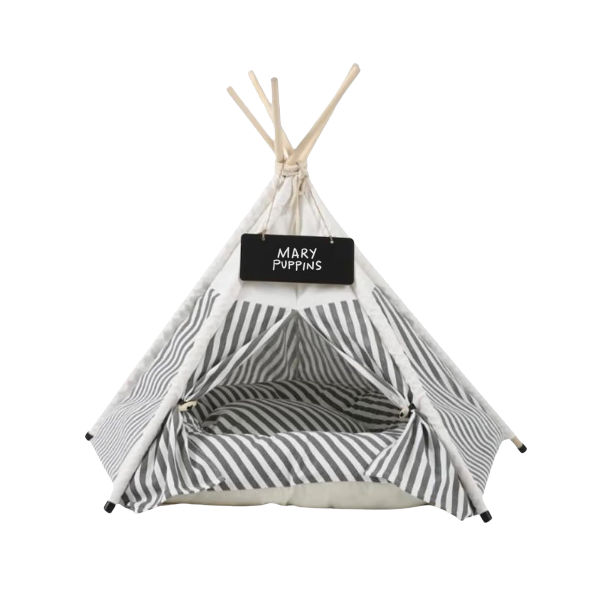 Grey and white striped pet teepee with name sign and removable cushion